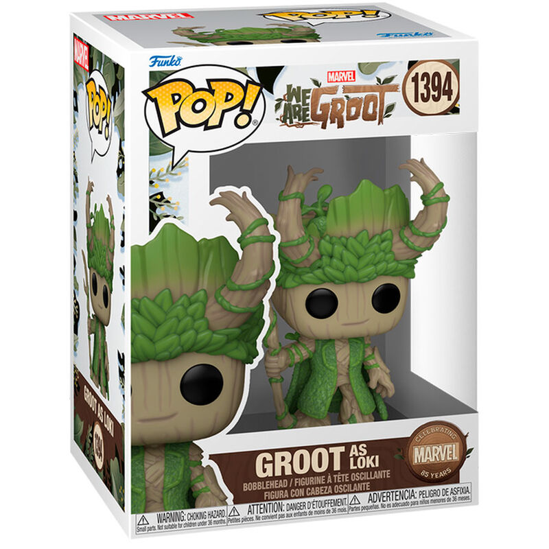 Figura Funko Pop de Marvel de Groot vestido de Loki en su caja original.
