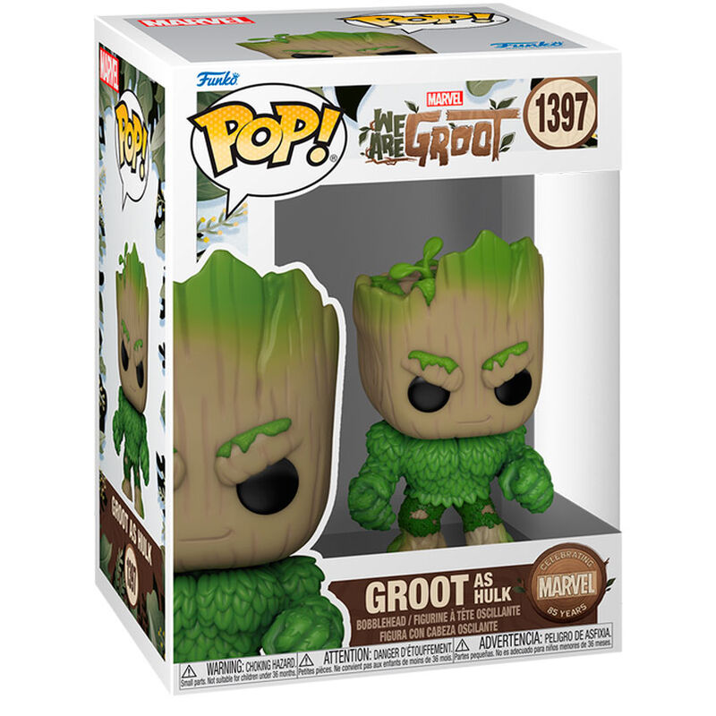 Una scatola Funko Pop con una figure in vinile di Groot come Hulk all'interno, con fogliame verde.