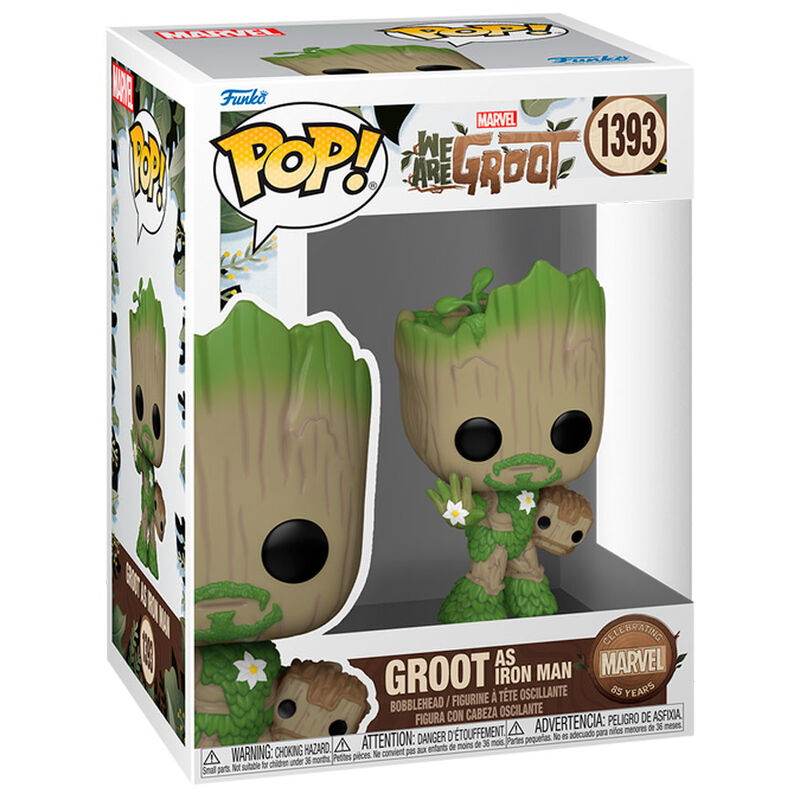 Action figure Funko POP! di Groot come Iron Man in scatola con logo Marvel.