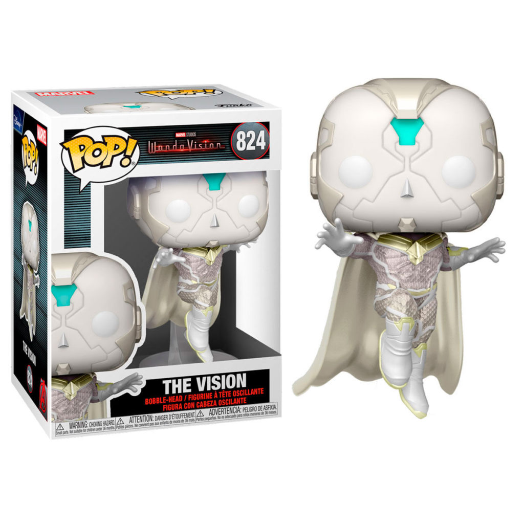 Statuetta Funko Pop di White Vision con la sua scatola da WandaVision, in posa dinamica.
