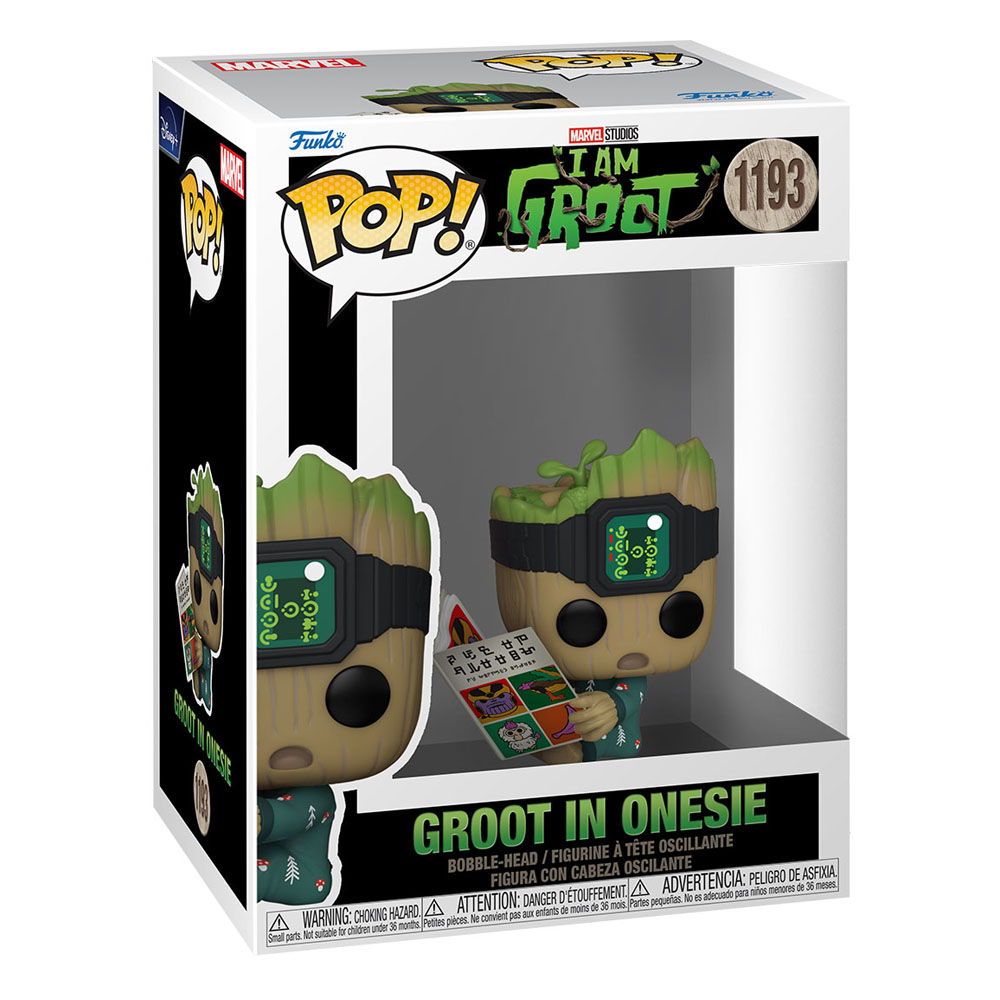 Figurine Funko Pop de Groot en pyjama tenant un mégaphone dans sa boîte.