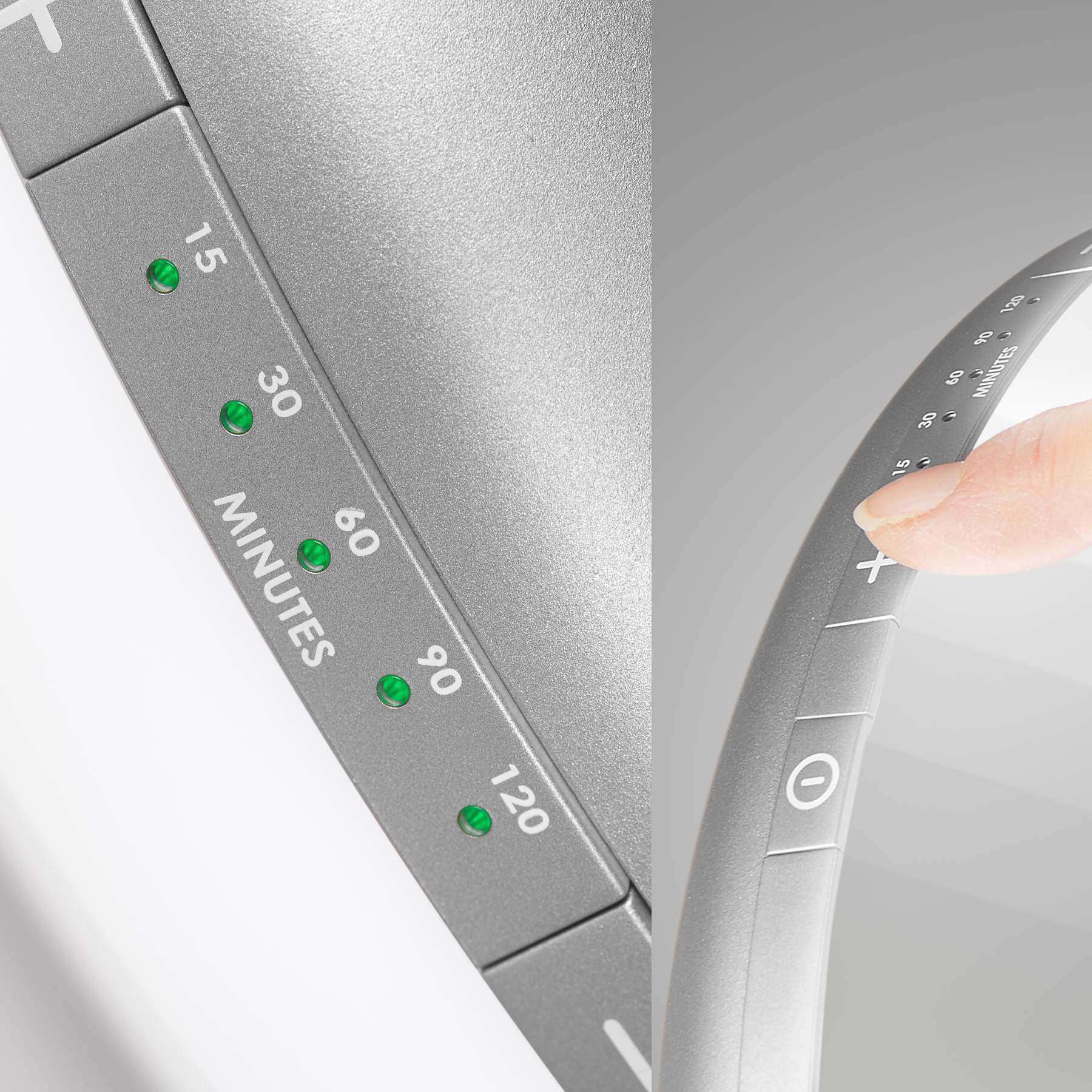Een grijze timer met groene indicatielampjes voor 15 tot 120 minuten, bediend door een vinger.