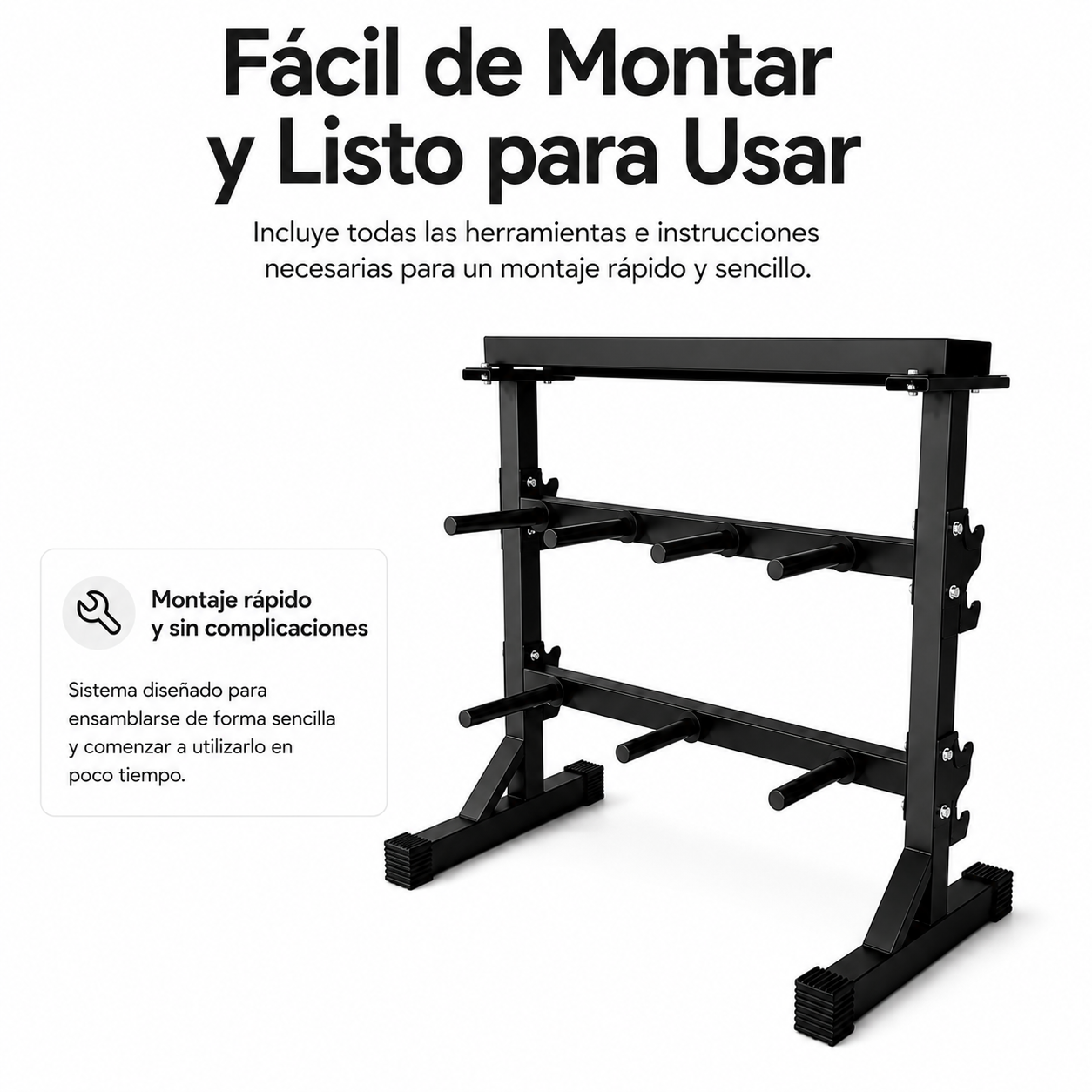 Un soporte para pesas de metal negro con dos niveles de barras horizontales sobre fondo blanco.