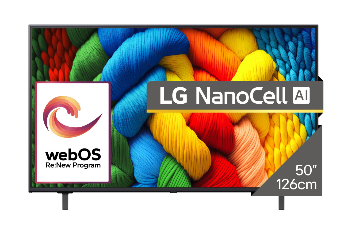 Televisore LG NanoCell AI da 50 pollici con schermo colorato e logo webOS Re:New Program.