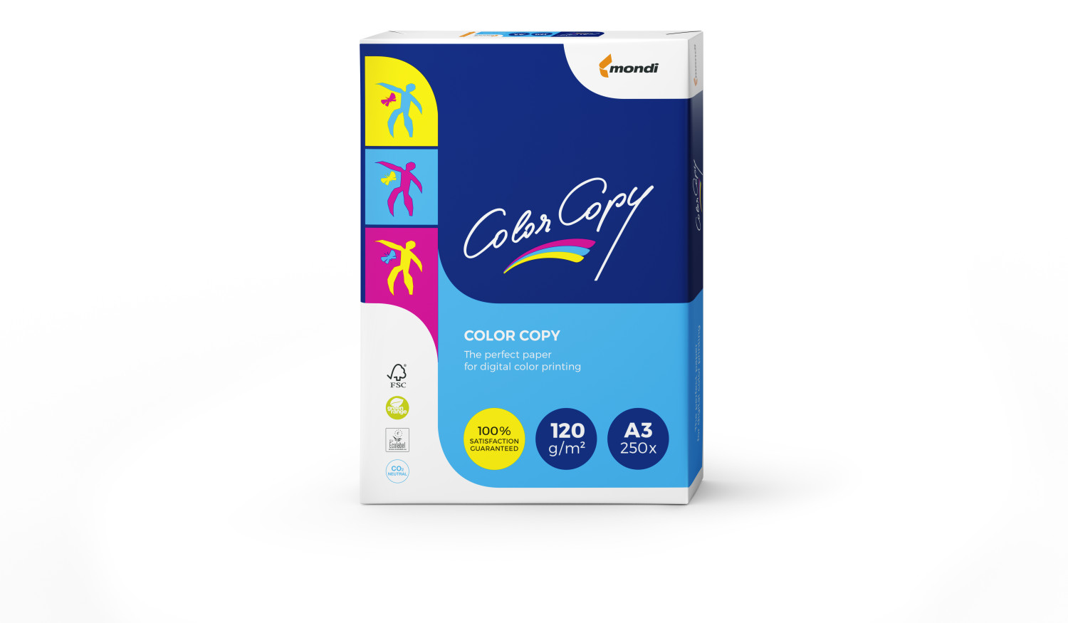 Blaue Verpackung von Mondi Color Copy A3 Papier mit 120 g/m².