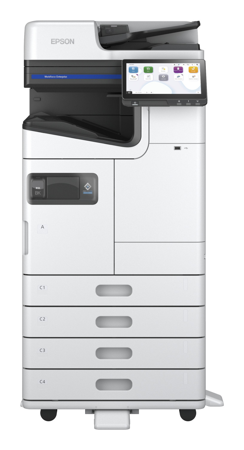 Una stampante multifunzione Epson Workforce Enterprise bianca con quattro vassoi per carta e touch screen.
