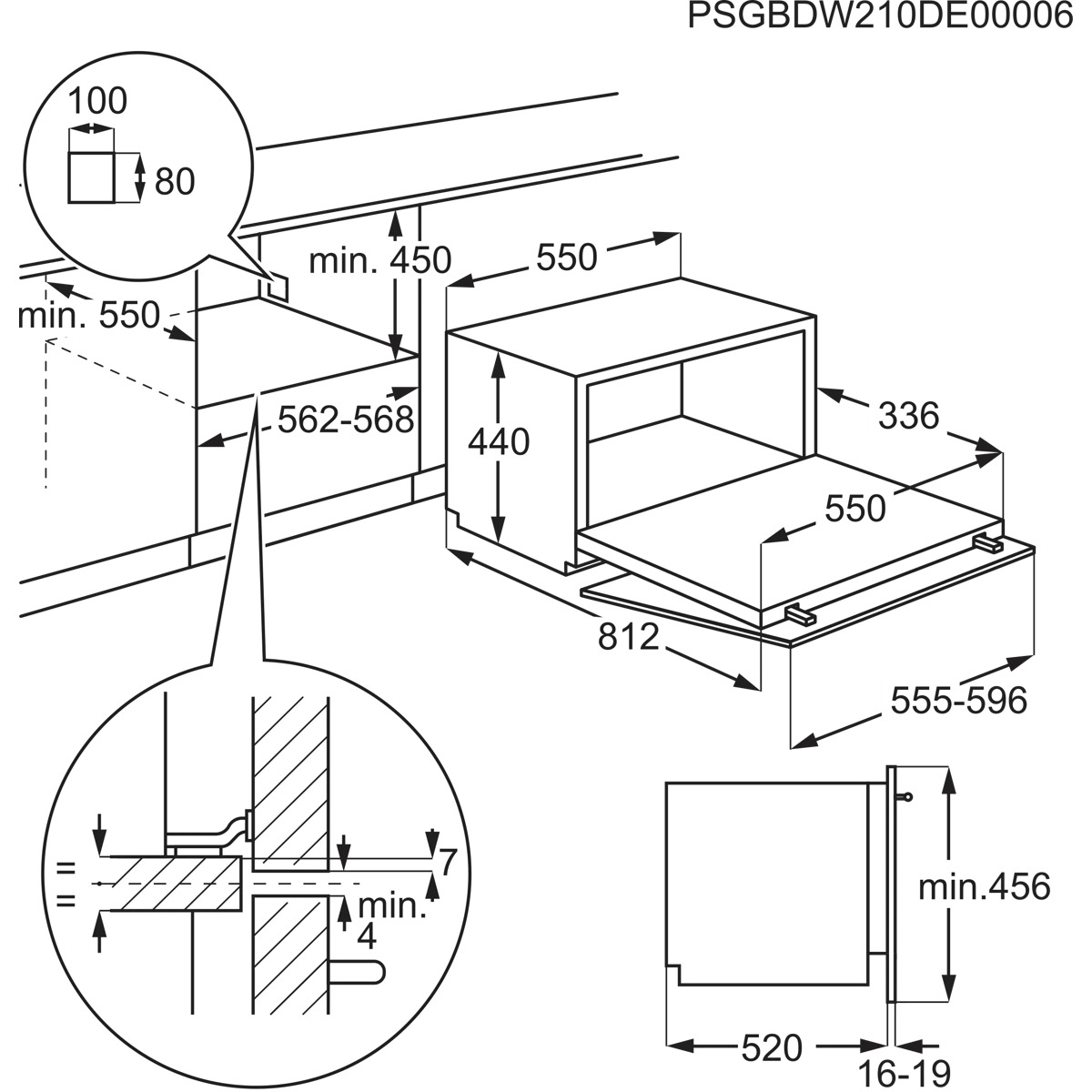Disegno tecnico con le dimensioni per l'installazione di un elettrodomestico, con varie misure in millimetri.