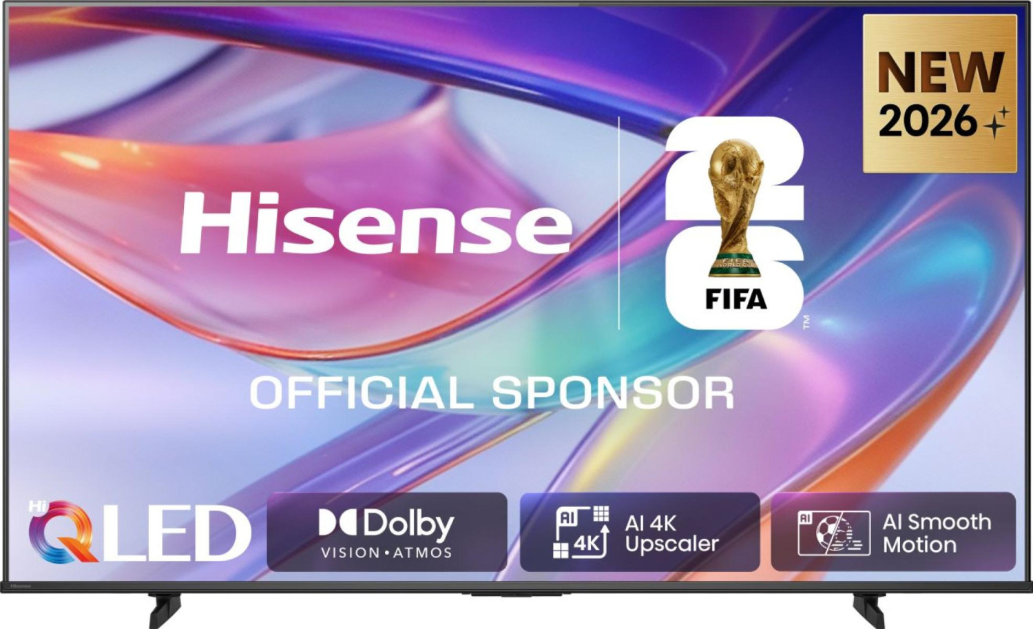 TV Hisense QLED con sponsorizzazione della Coppa del Mondo FIFA 2026, Dolby Vision Atmos, AI 4K Upscaler e AI Smooth Motion.