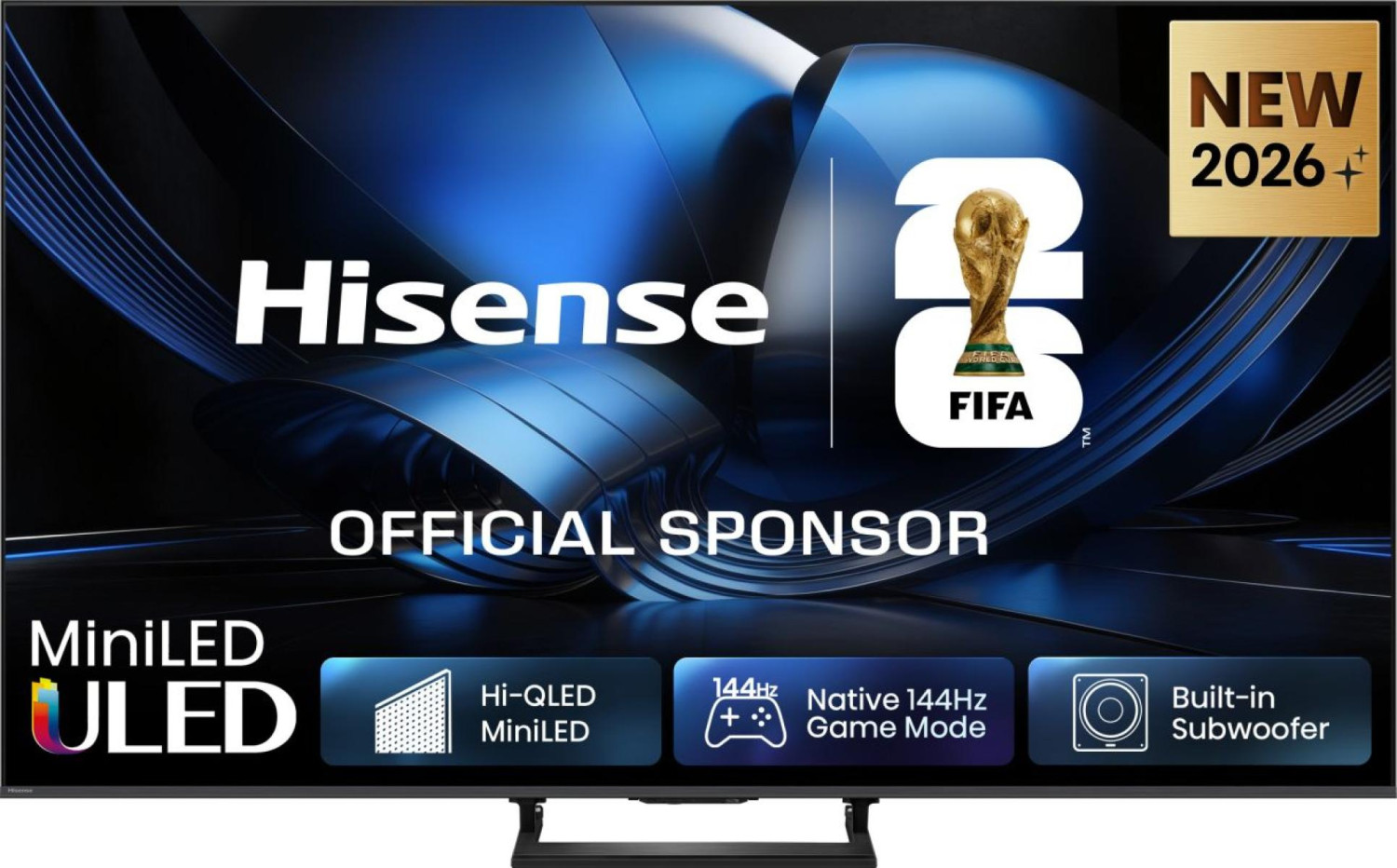 TV Hisense MiniLED con sponsorizzazione Coppa del Mondo FIFA, Hi-QLED, 144Hz e subwoofer integrato.