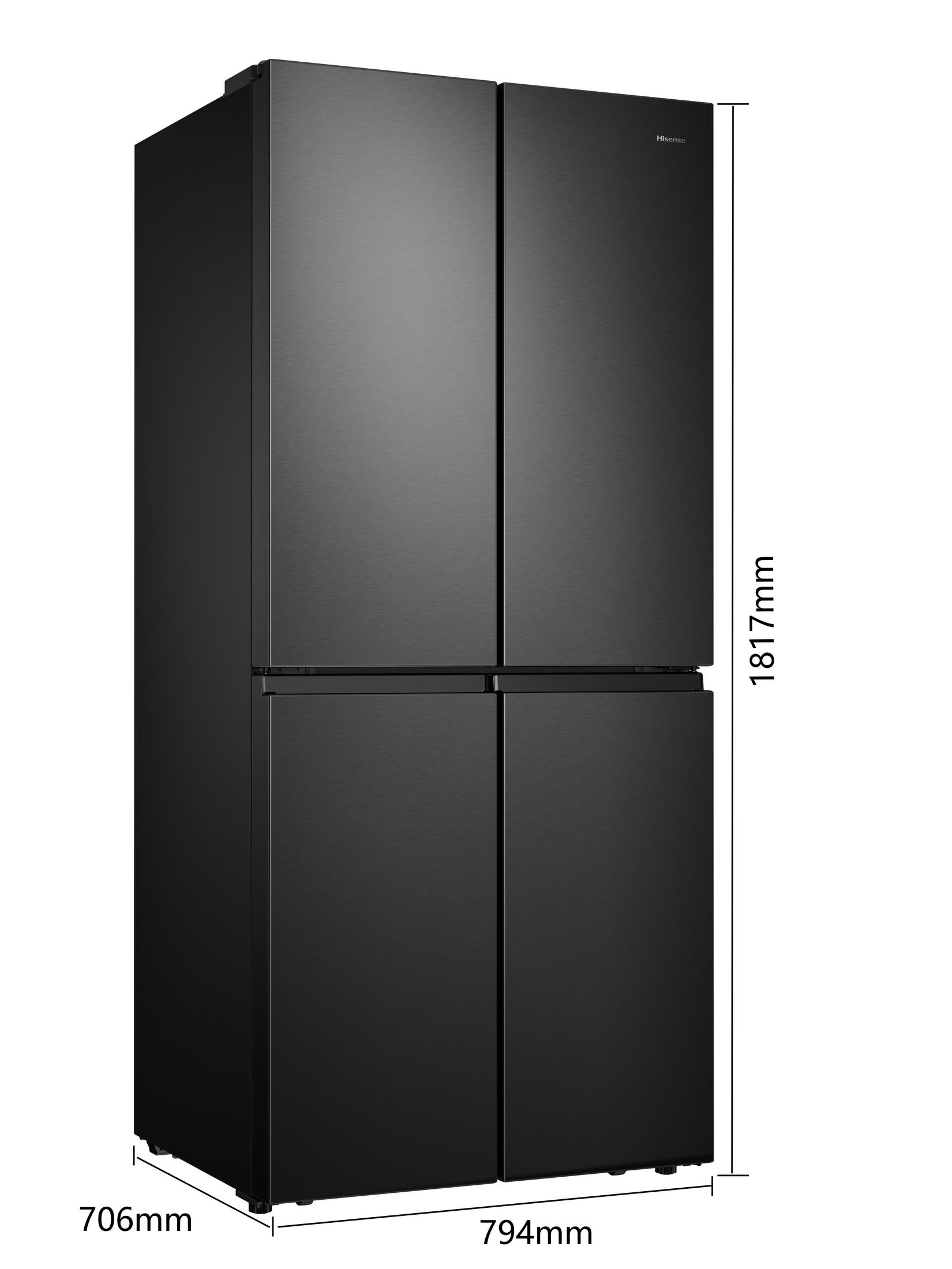 Schwarzer Hisense-Viertürer-Kühlschrank mit Maßangaben von 1817mm Höhe, 794mm Breite und 706mm Tiefe.