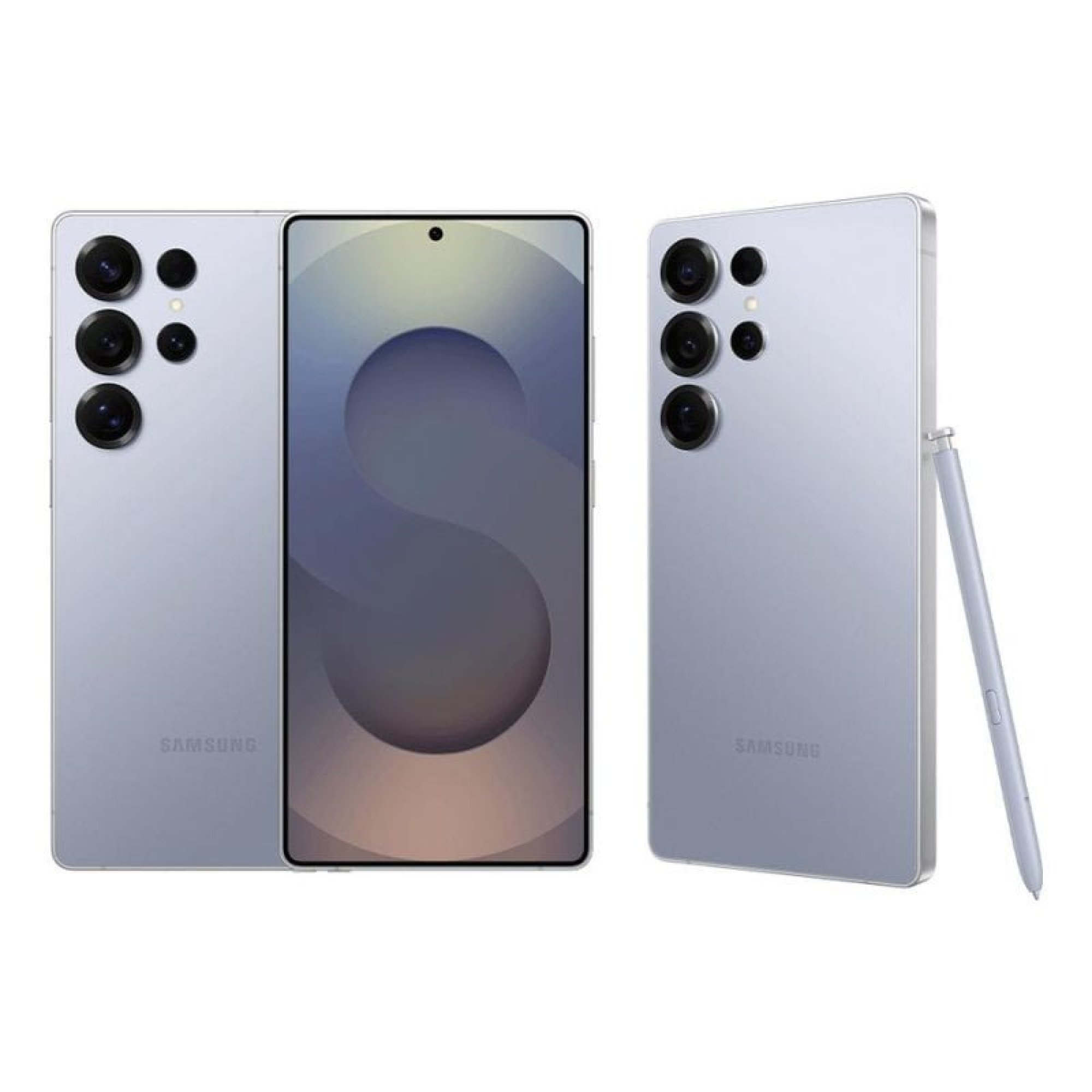 Smartphone plateado de Samsung con cámaras y lápiz óptico.