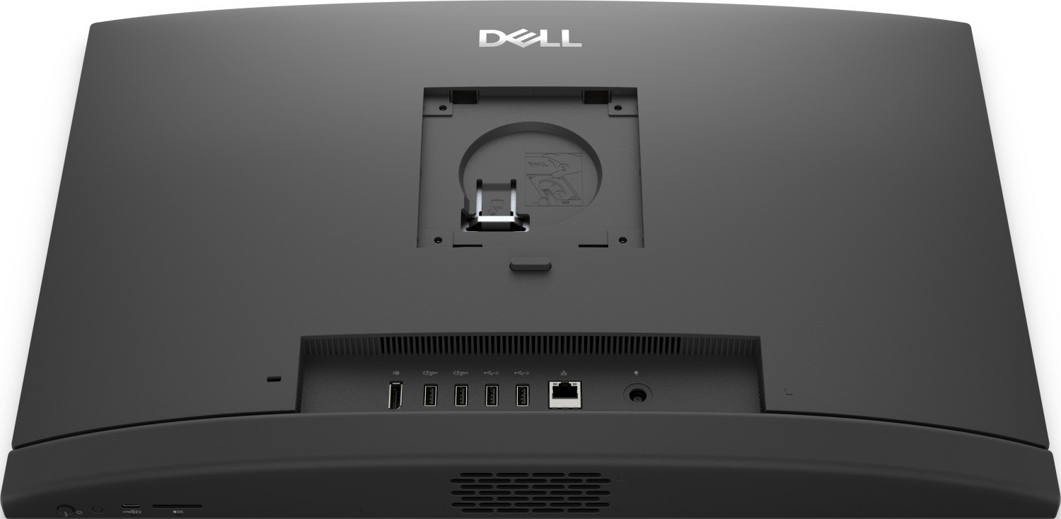 Vista trasera de un monitor Dell gris, mostrando un soporte VESA y varios puertos en la parte inferior.