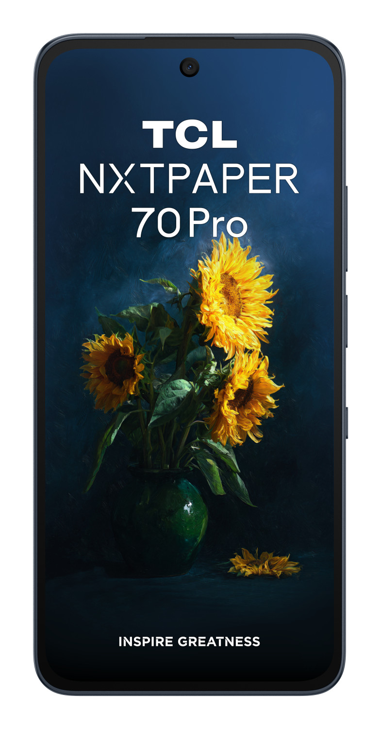 Uno smartphone TCL NXTPAPER 70 Pro con uno sfondo di girasoli.