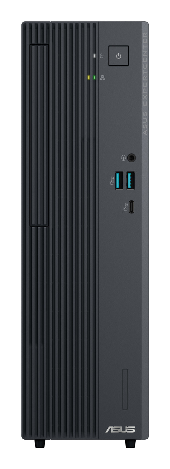 Vista frontale di un case PC ASUS ExpertCenter nero con griglie verticali, pulsante di accensione e porte.