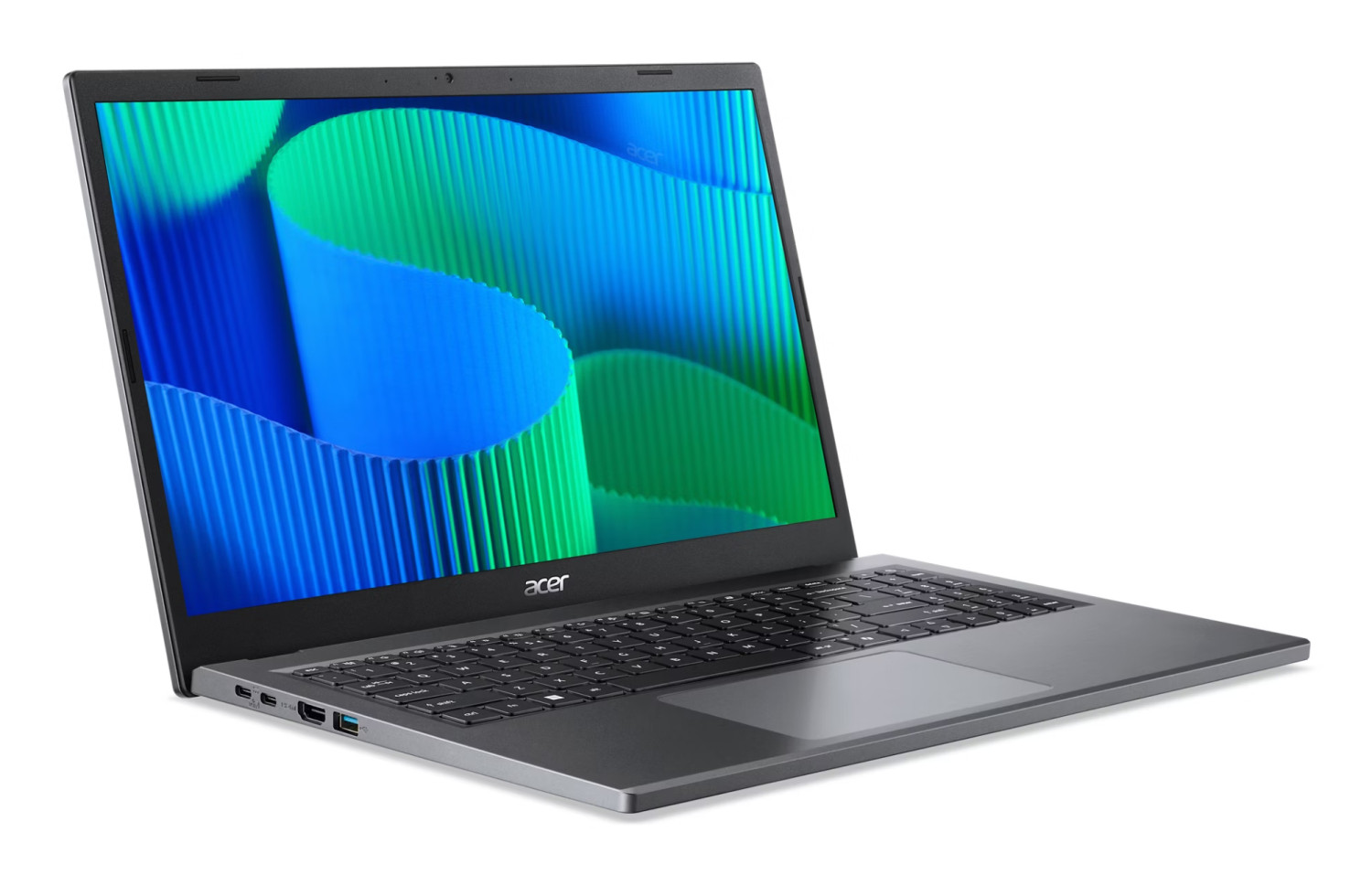 Un computer portatile Acer grigio scuro aperto con uno sfondo astratto blu e verde sullo schermo su sfondo bianco.