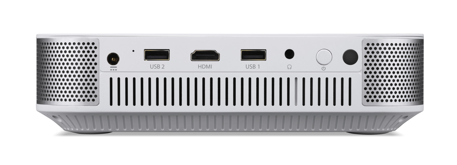 Tył białego mini PC z zasilaniem, dwoma portami USB, HDMI, gniazdem audio i przyciskiem zasilania.