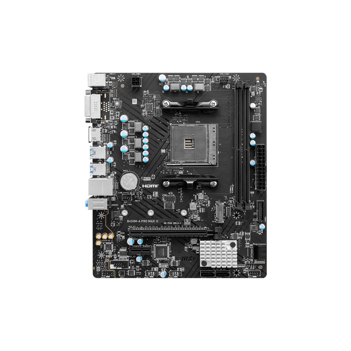 Scheda madre per computer nera con componenti, socket CPU, slot RAM e varie porte.