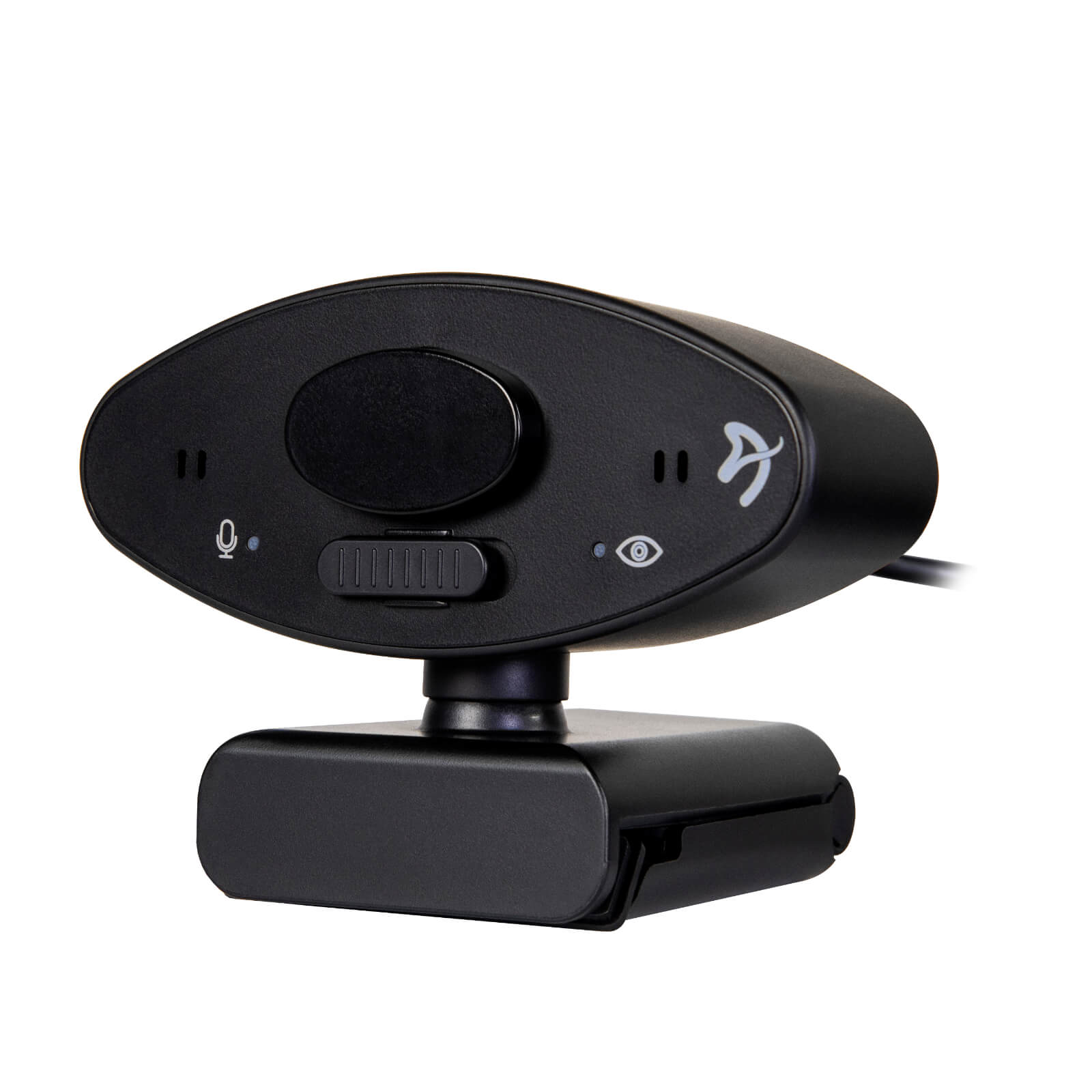 Una webcam nera con corpo ovale, microfono integrato e supporto regolabile su uno sfondo bianco.