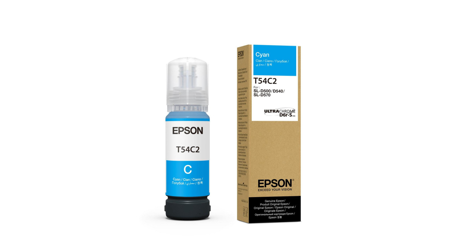 Butelka z tuszem cyan Epson T54C2 i pasujące do niej pudełko kartonowe obok siebie.