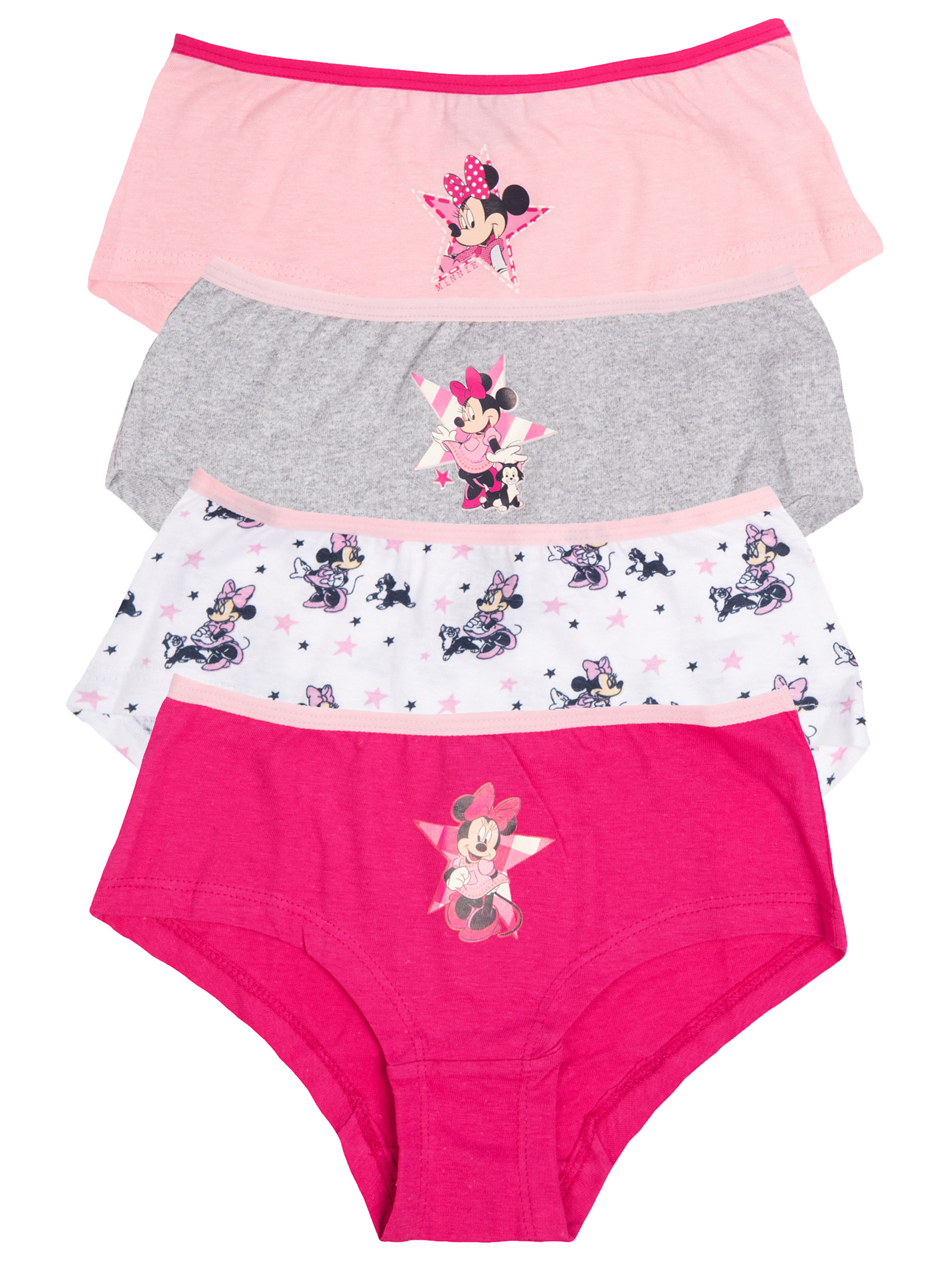 Vier bunte Mädchen-Slips mit Minnie-Maus-Motiven in Rosa, Grau und Weiß.