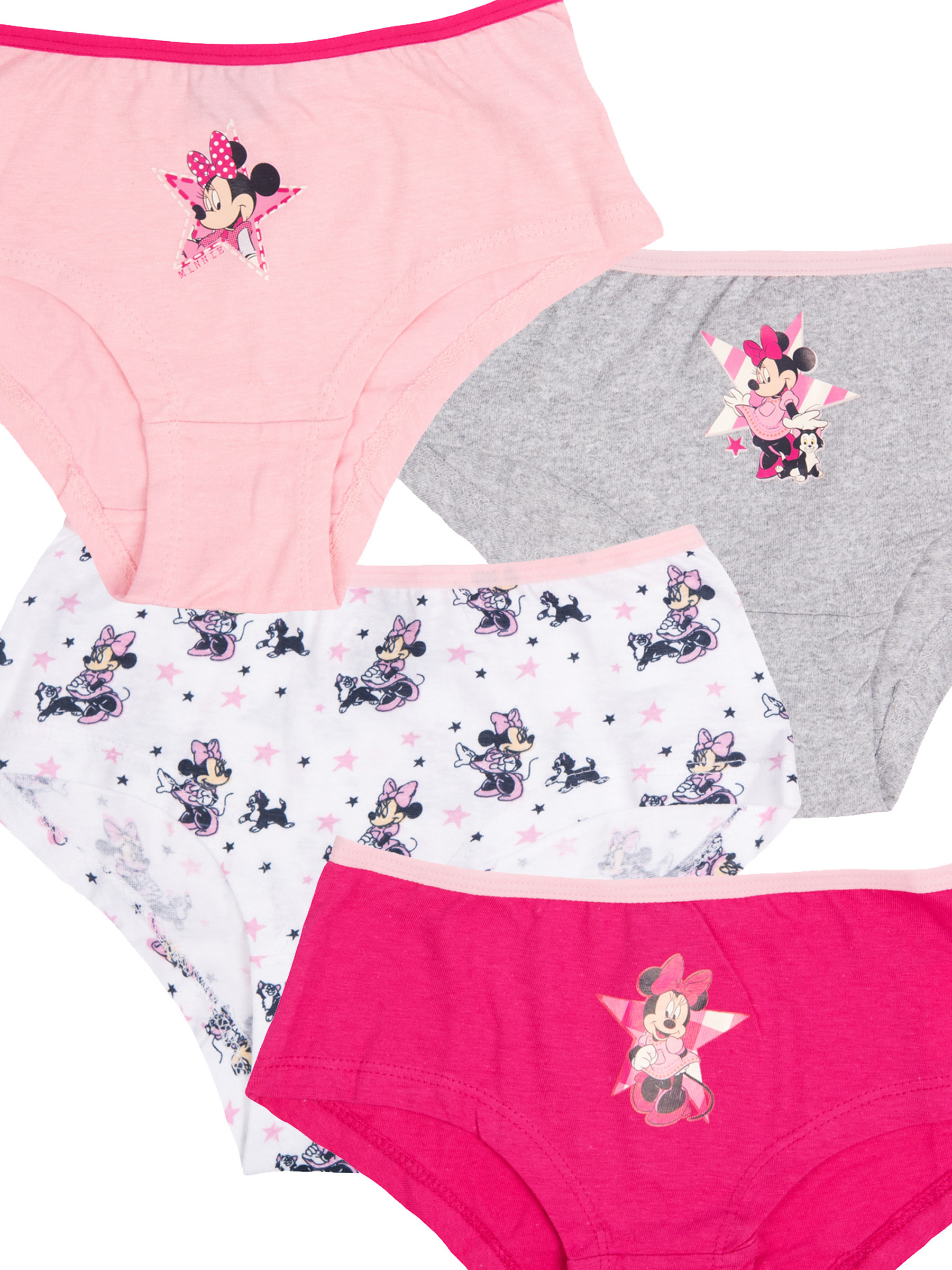 Vier bunte Mädchen-Slips mit Minnie-Maus-Motiven auf weißem, rosa, grauem und pinkem Stoff.