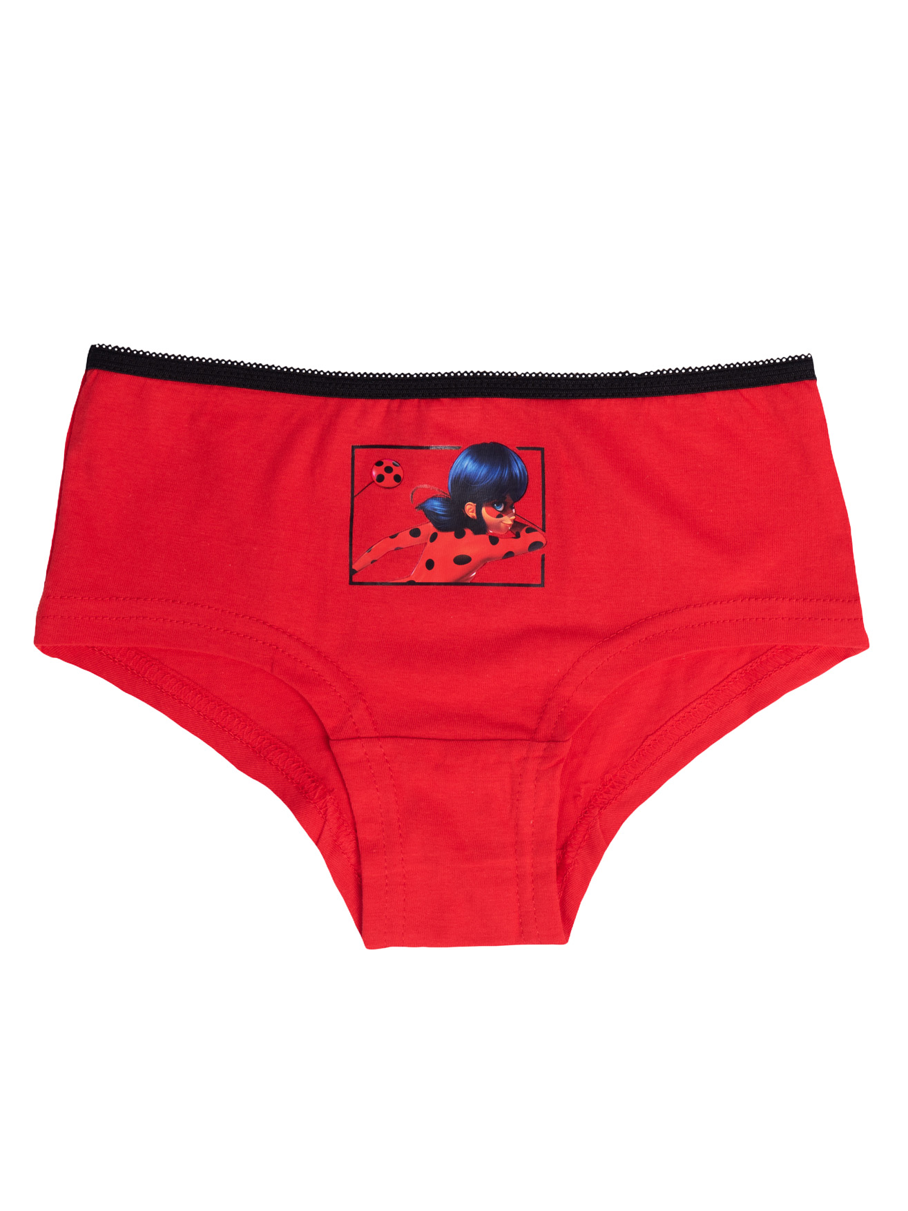 Rote Mädchenslip mit Ladybug-Aufdruck und schwarzer Borte.