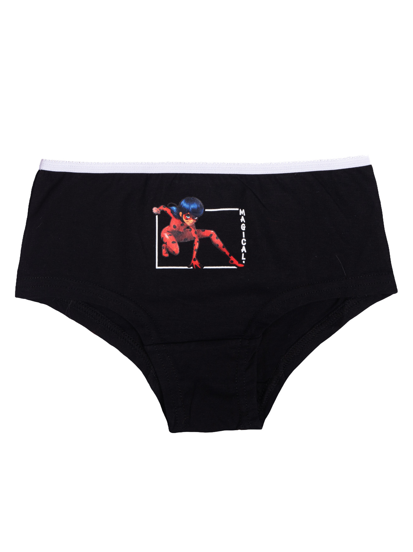 Schwarze Mädchen-Slip mit Marienkäfer-Grafik und dem Wort "Magical" in einem weißen Quadrat, mit weißem Bund.