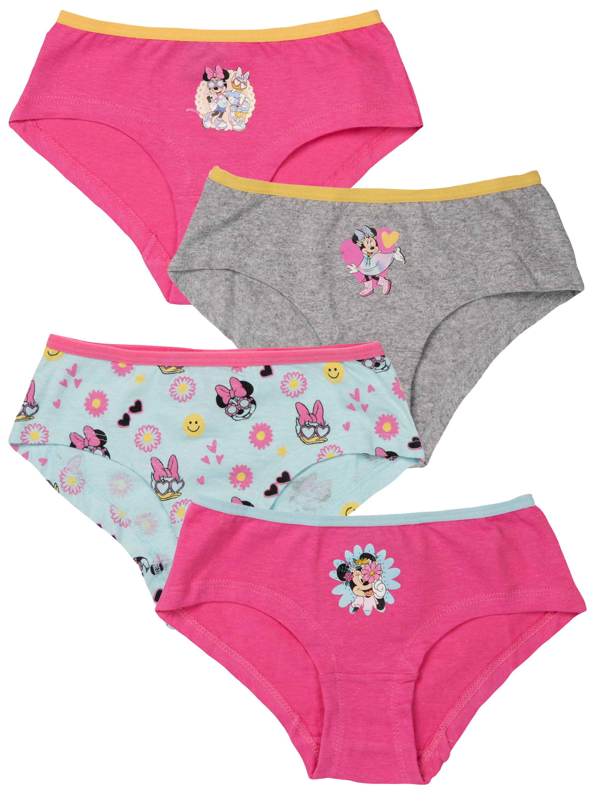 Ein Set aus vier Mädchenunterhosen mit Minnie-Maus-Motive in Rosa, Grau und Hellblau.