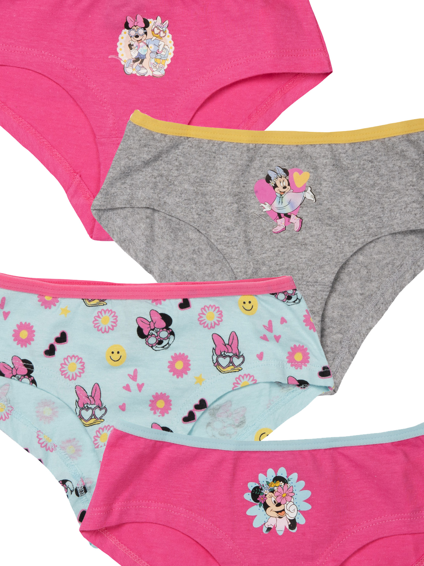 Vier bunte Mädchenslips mit Minnie Maus und Daisy Duck Motiven.