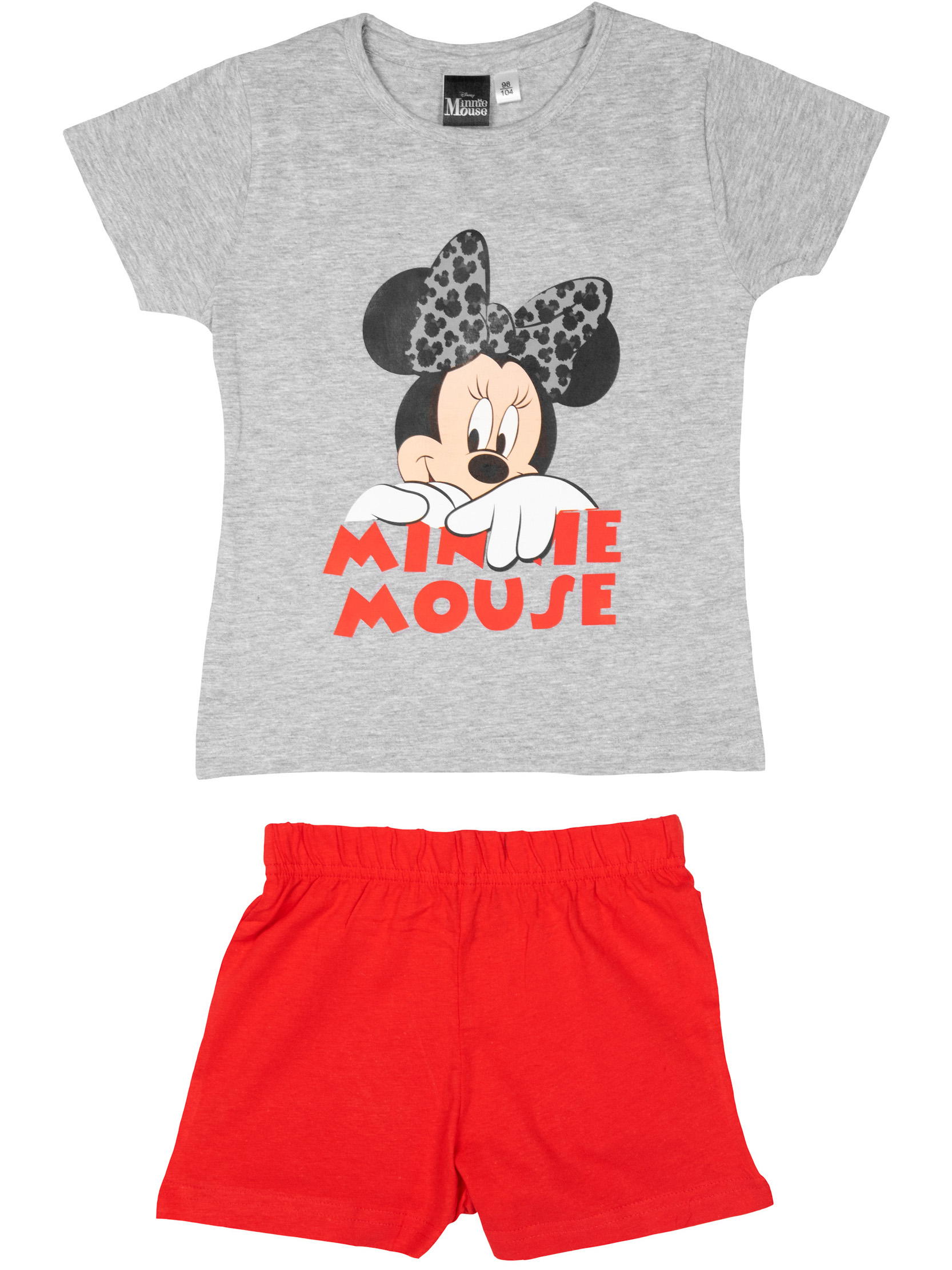 Graues Minnie Mouse T-Shirt und rote Shorts als Set.