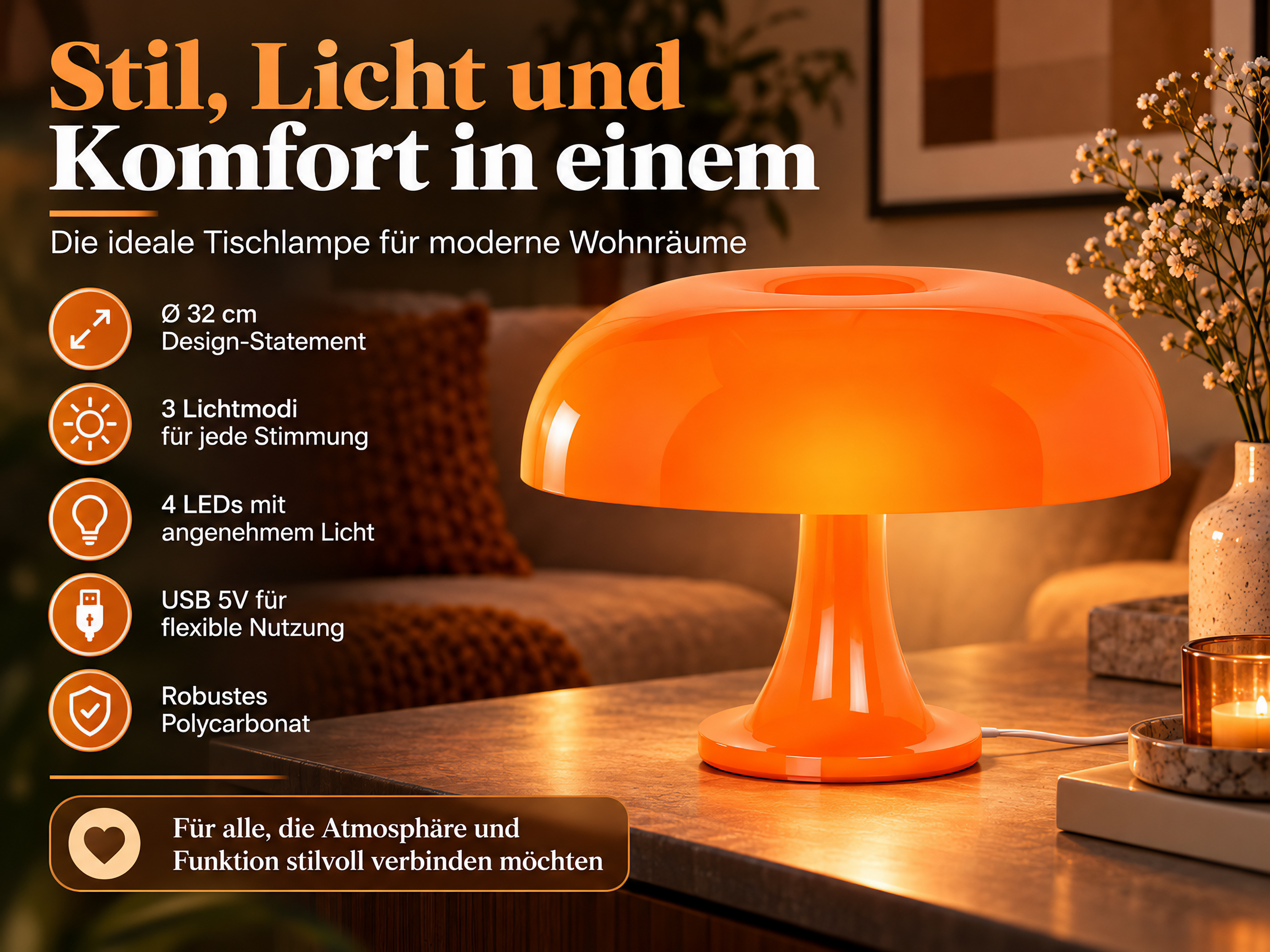 Eine orangefarbene Pilzlampe auf Holztisch, mit deutschem Text und Funktionssymbolen links.