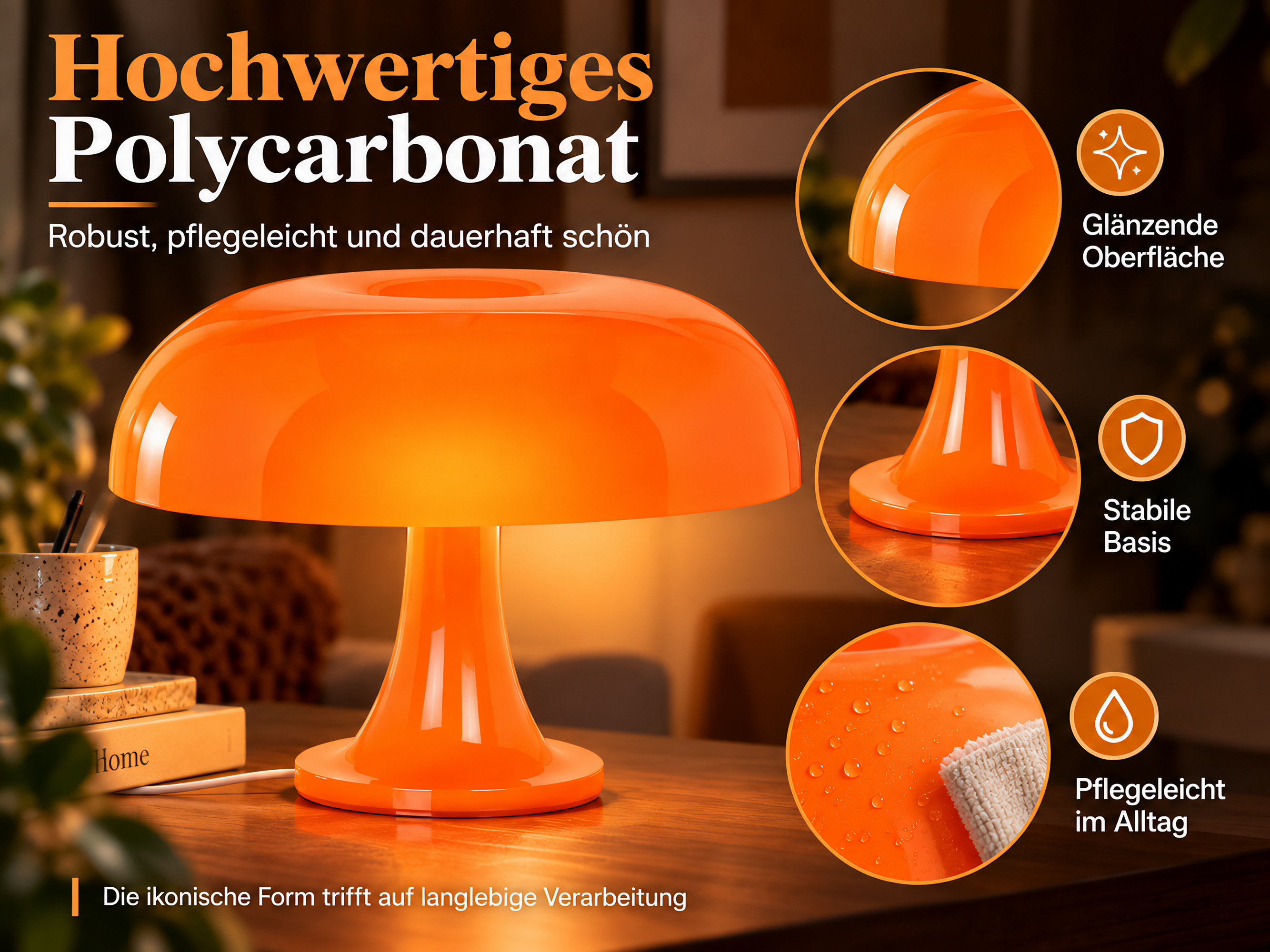 Eine orangefarbene Kunststofftischlampe auf Holz Tisch mit drei Detailbildern, die glänzende Oberfläche, stabile Basis und Pflegeleichtigkeit zeigen.