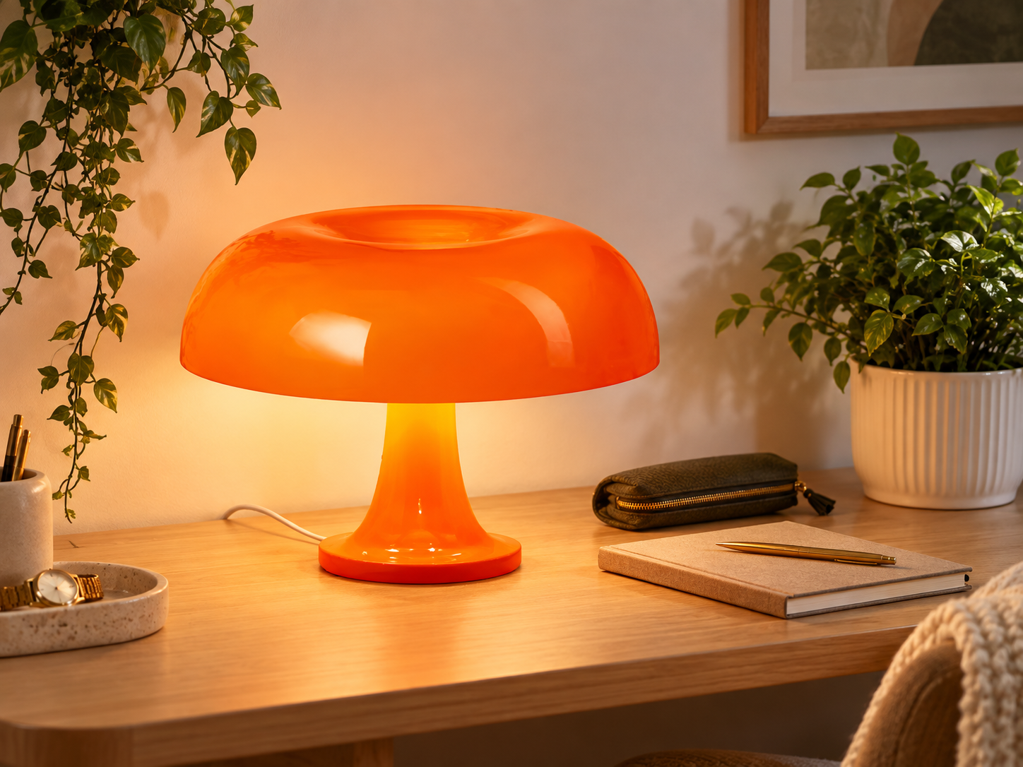 Eine leuchtende orange Pilzlampe steht auf einem Holztisch, neben Notizbuch, Stift und Grünpflanzen.