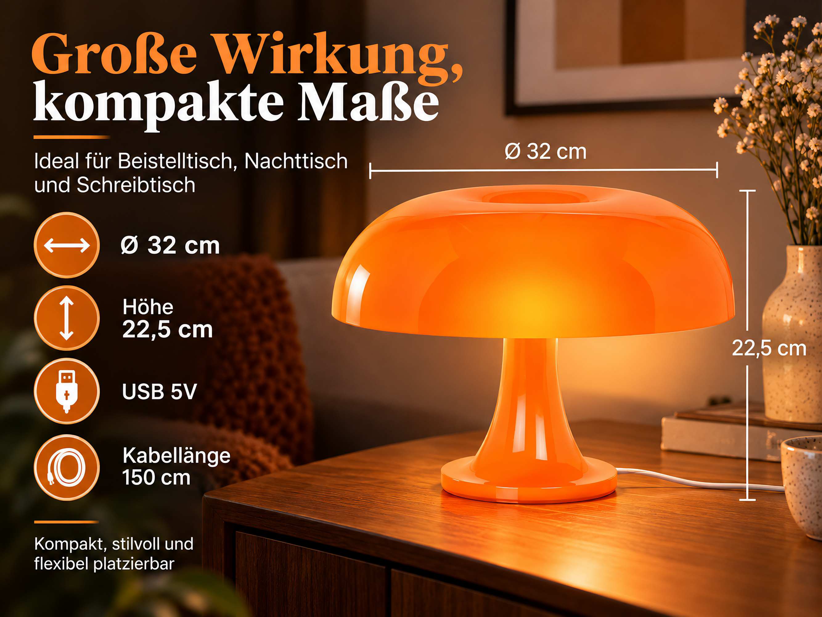 Glänzende orange Pilzlampe auf Holztisch mit Maßangaben und Text.