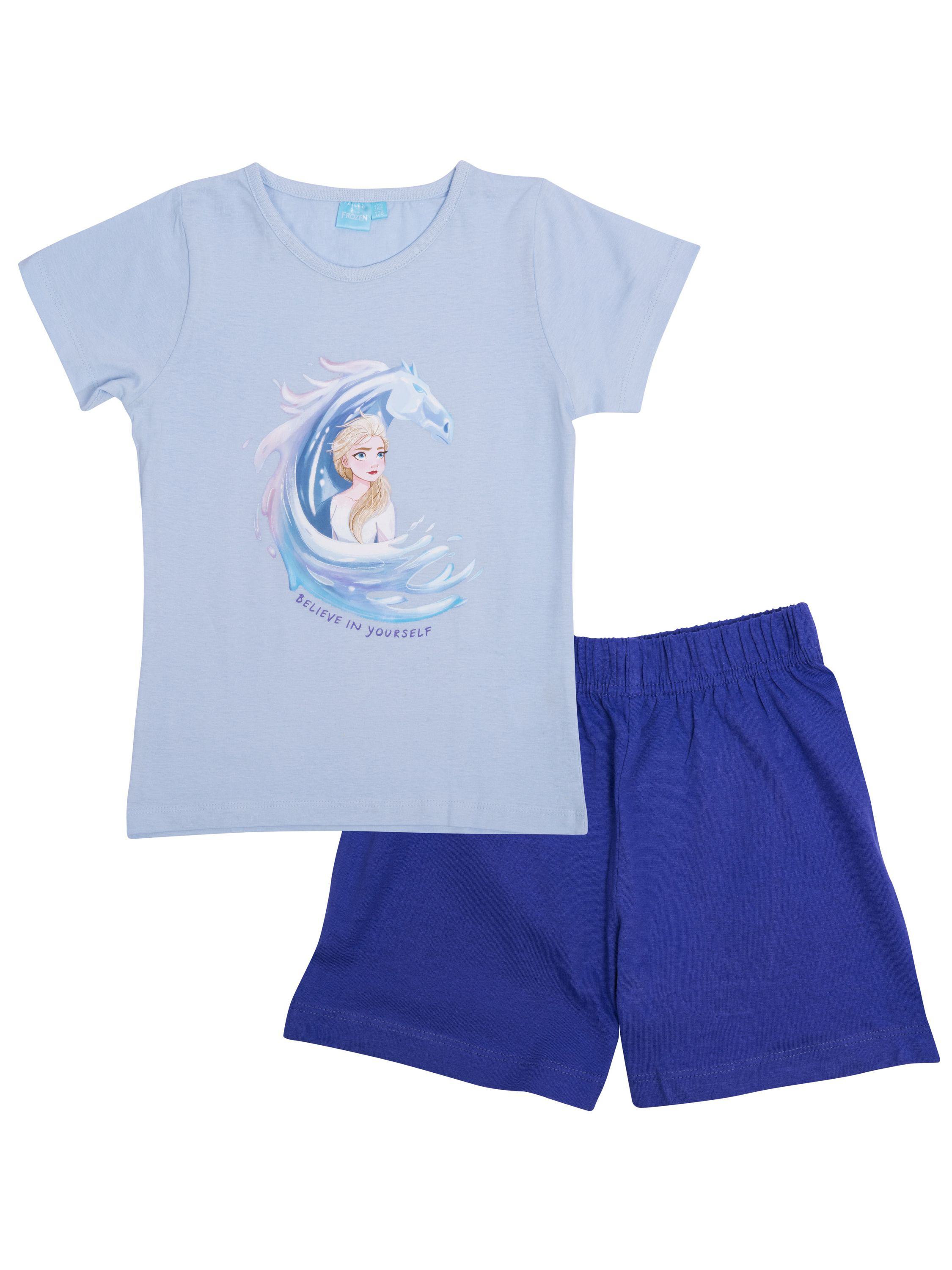 Hellblaues Kinder-Schlafset mit Frozen-Elsa-Motiv und dunkelblauen Shorts.