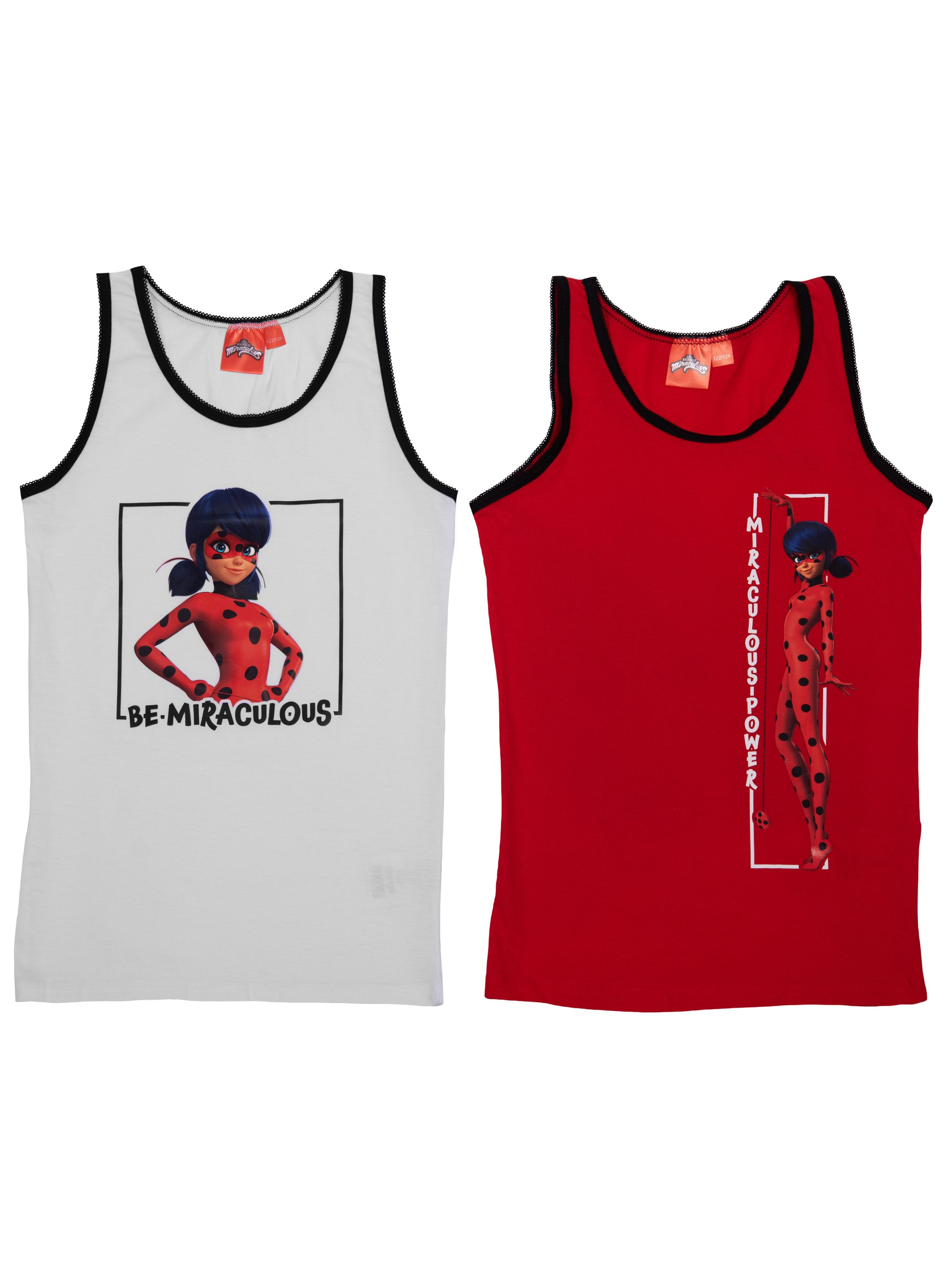 Zwei Baumwoll-Mädchen-Tanktops, eines in Weiß mit Ladybug-Motiv und das andere rot.
