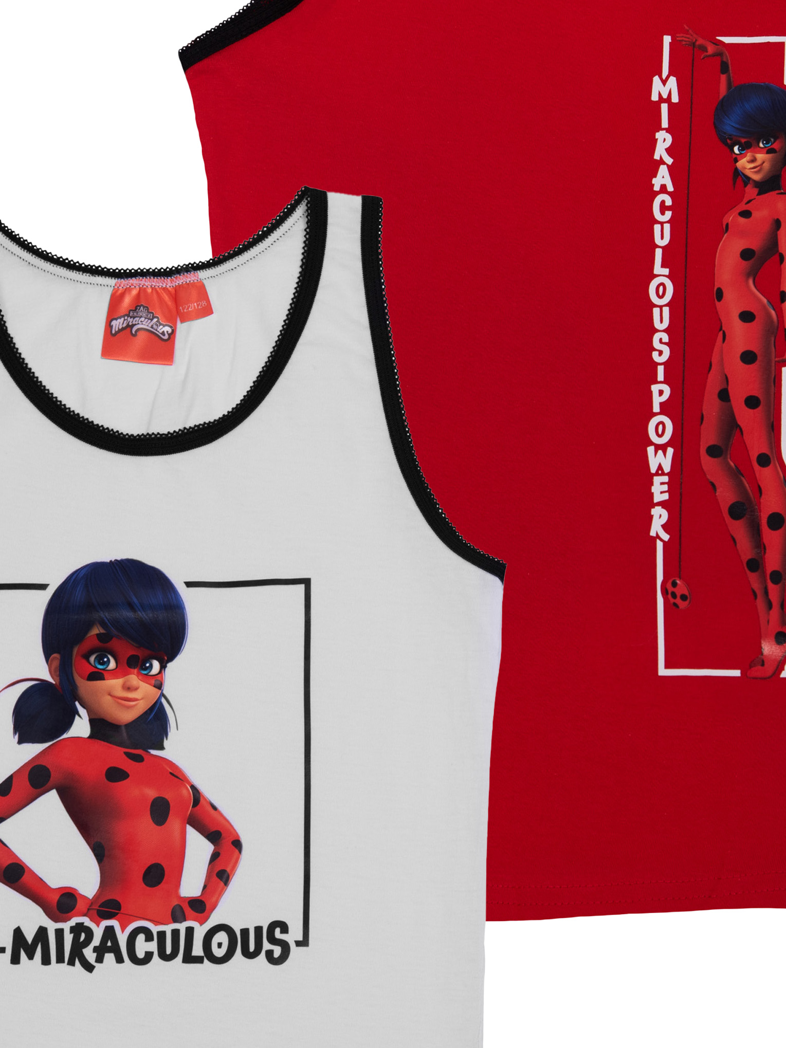 Zwei Kinder-Tanktops: Eines weiß, eines rot, beide mit Ladybug-Grafik und dem Schriftzug Miraculous.