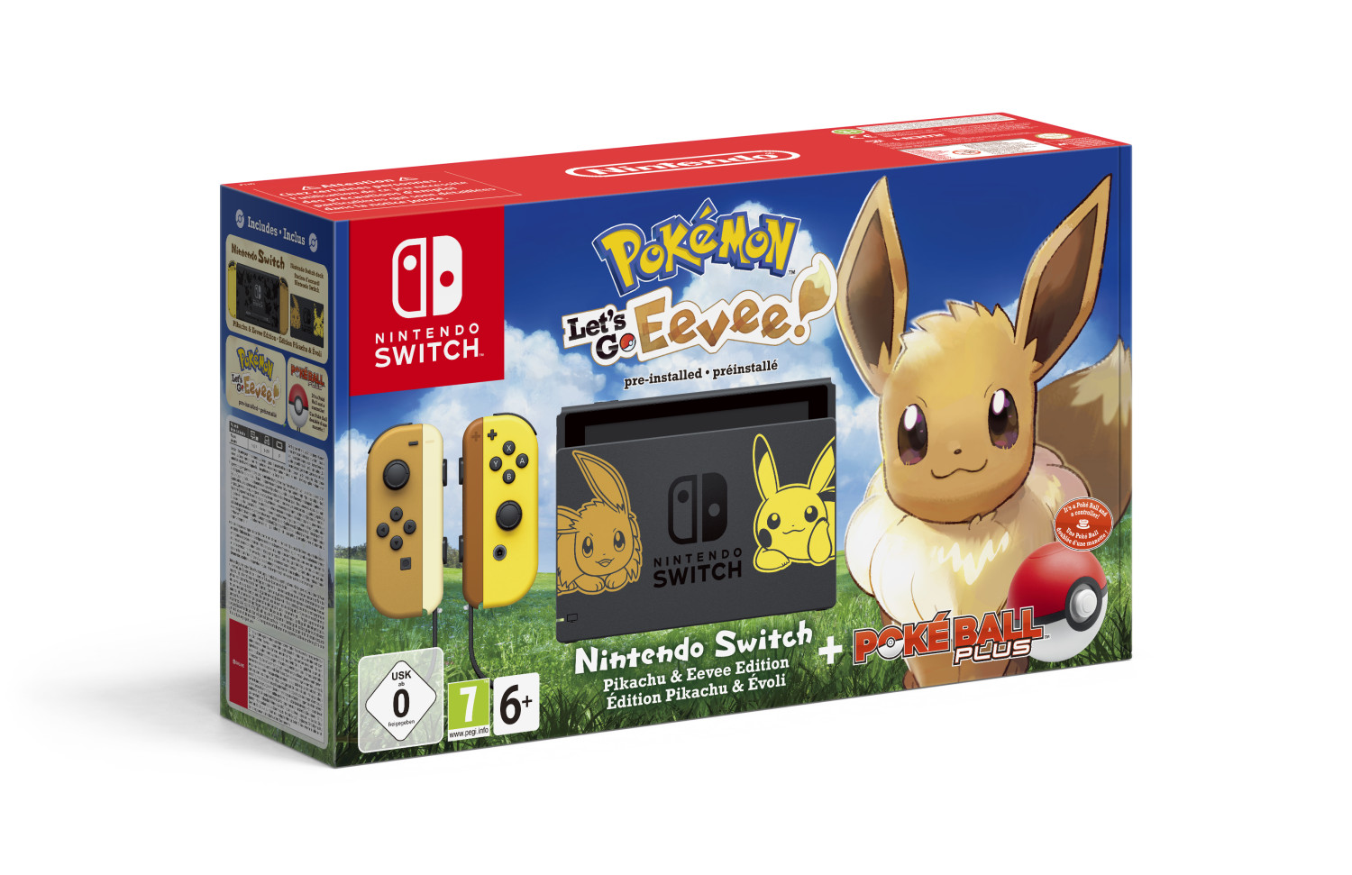 Nintendo Switch Pokemon Let's Go Eevee Edition-Verpackung mit Konsole, gelben Joy-Cons, Eevee und Poke Ball Plus.