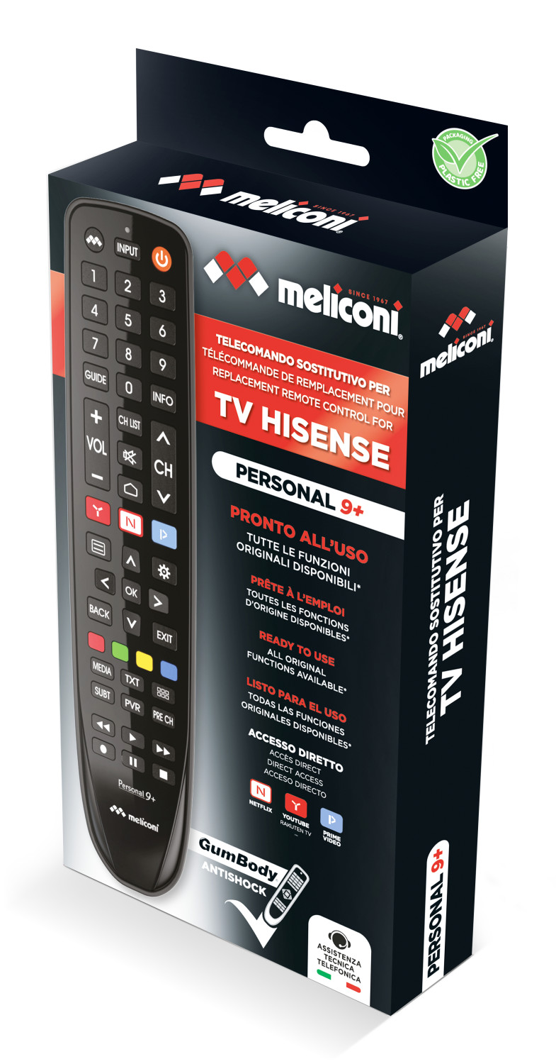 Zamienny pilot Meliconi do telewizora Hisense w czarno-czerwonym opakowaniu.