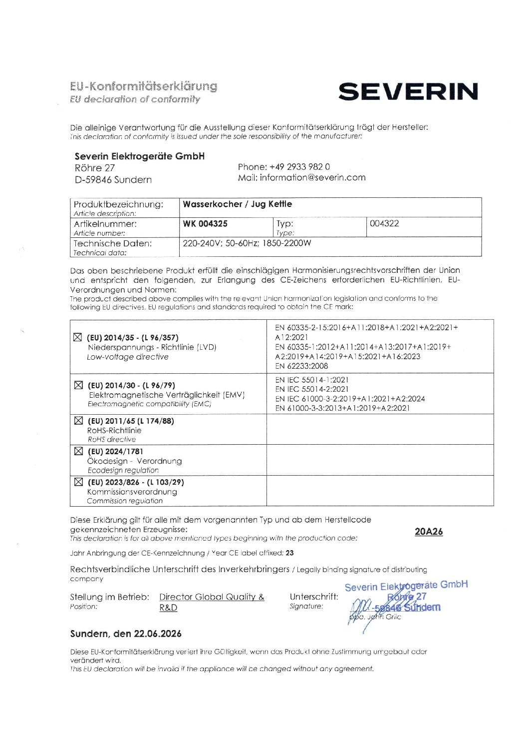 EU-conformiteitsverklaring voor Severin waterkoker met fabrikantgegevens en normen.