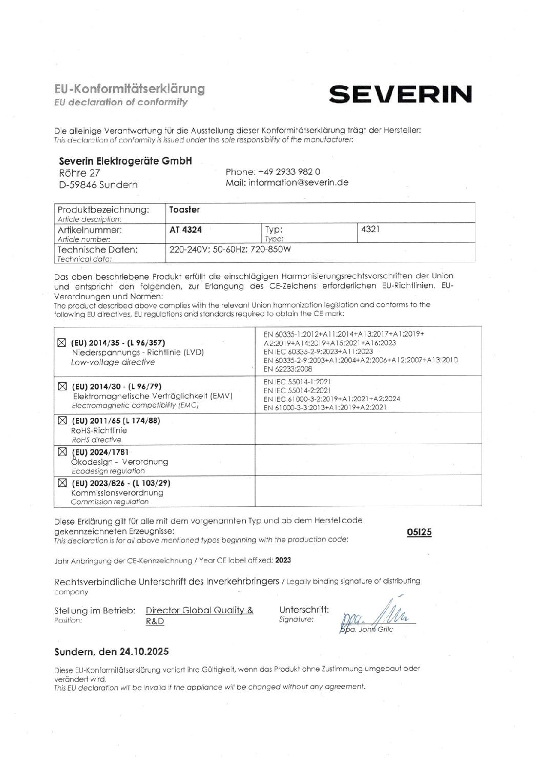 Déclaration UE de conformité pour un grille-pain Severin, modèle AT 4324, avec détails techniques et signature.