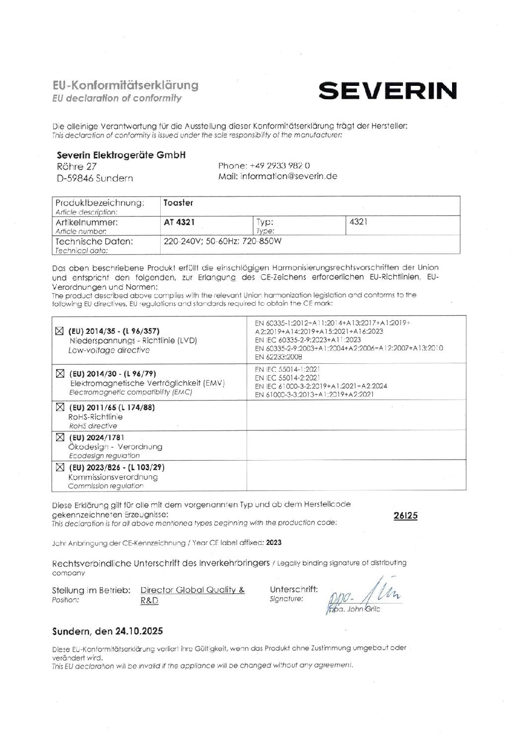 Deklaracja zgodności UE dla tostera Severin z danymi technicznymi.