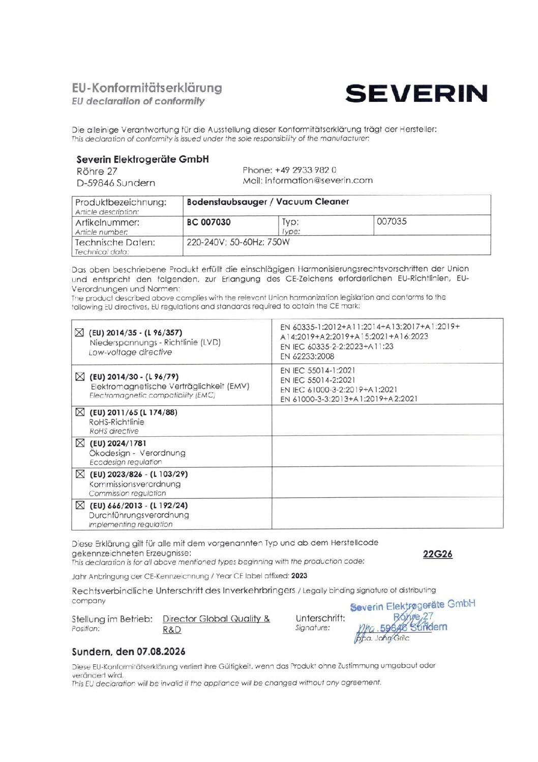 Dichiarazione UE di conformità per aspirapolvere Severin con dati tecnici e norme.
