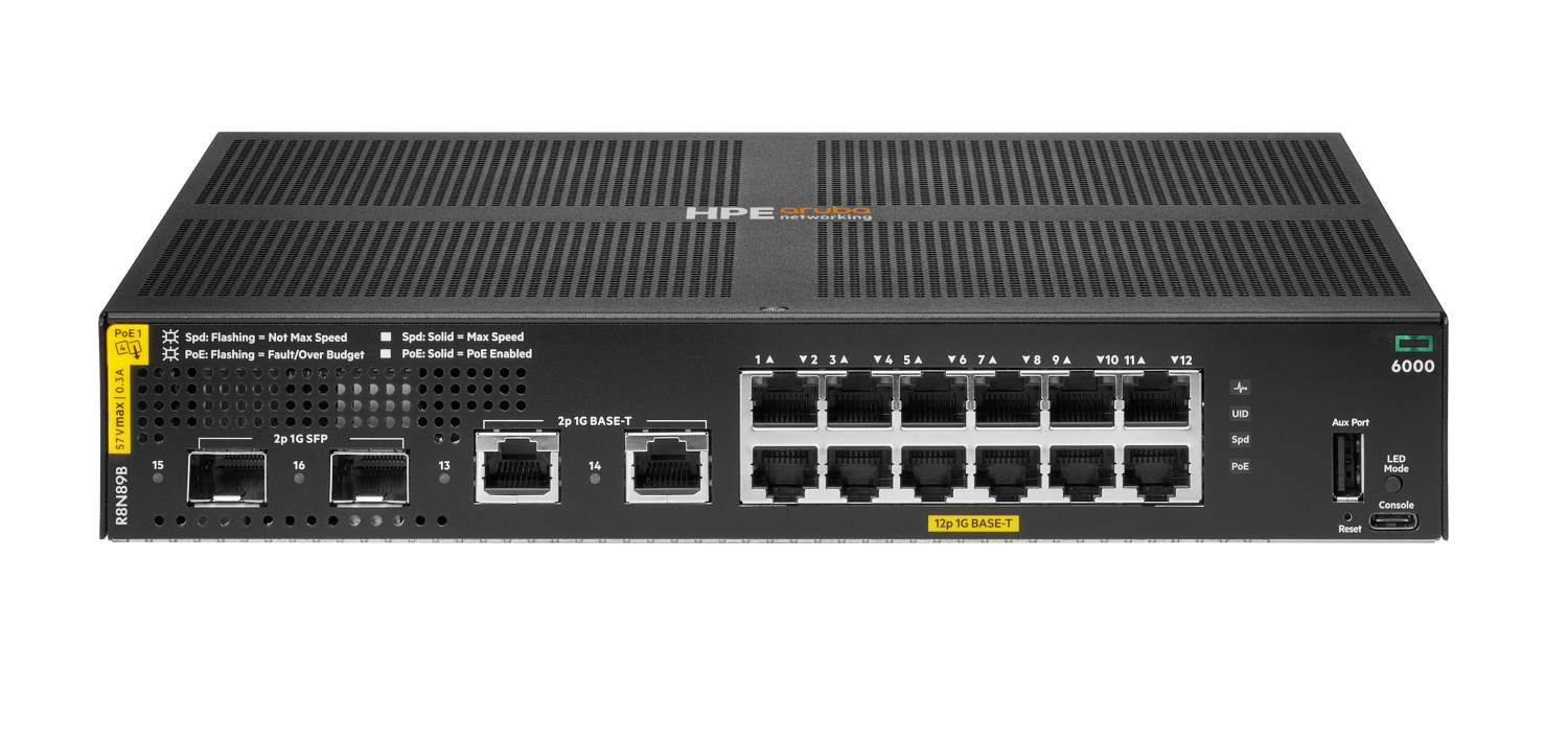 Vista frontale di uno switch di rete HPE Aruba 6000 con più porte ethernet e SFP.