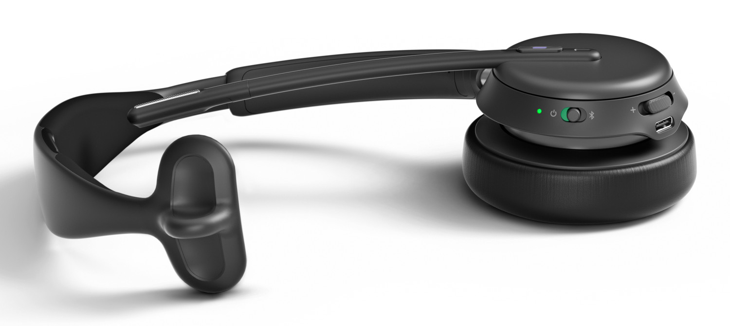 Casque sans fil noir avec perche microphone et boutons de commande sur fond blanc.