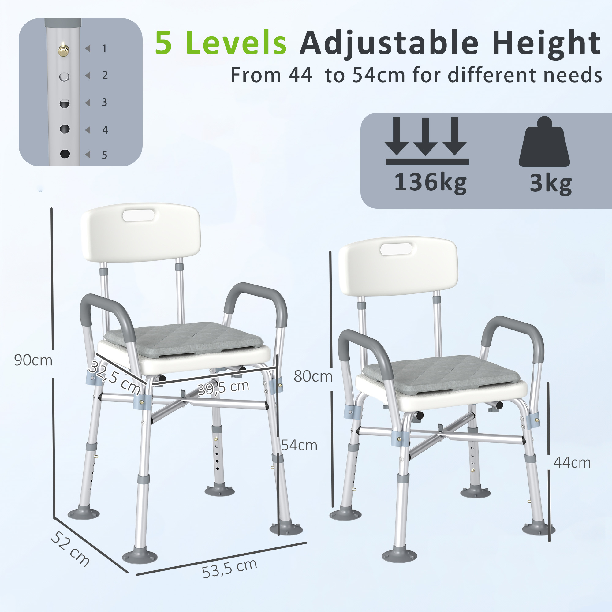 Silla de ducha con altura ajustable de 44-54 cm, reposabrazos grises, cojín y dimensiones.