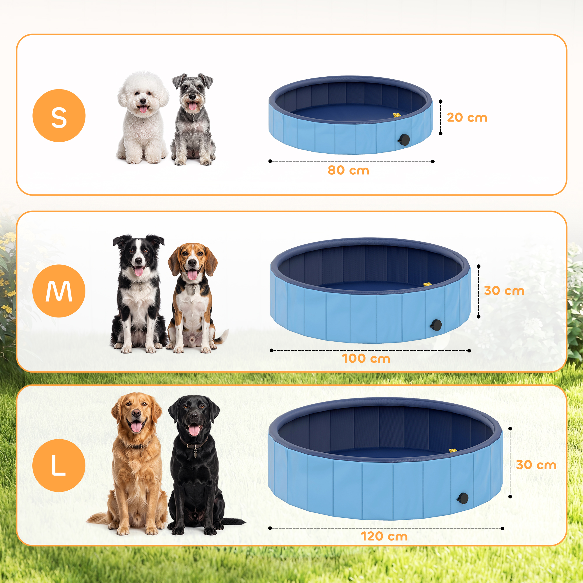 Tabla de tallas para piscinas de perros azules en S, M y L, con varias razas de perros y medidas.
