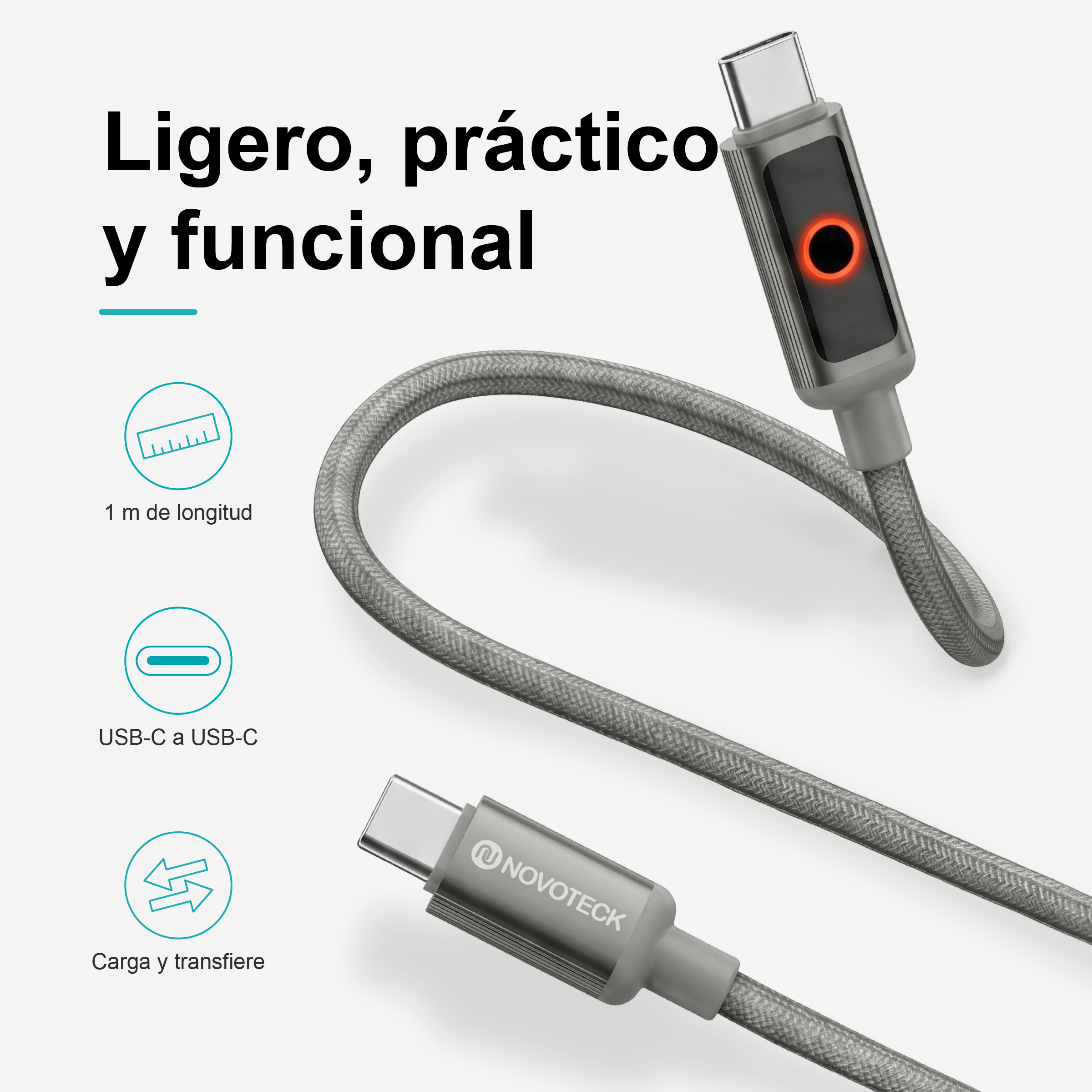 Un cable USB-C trenzado gris con conectores metálicos, indicador rojo iluminado, iconos de características y texto en español.