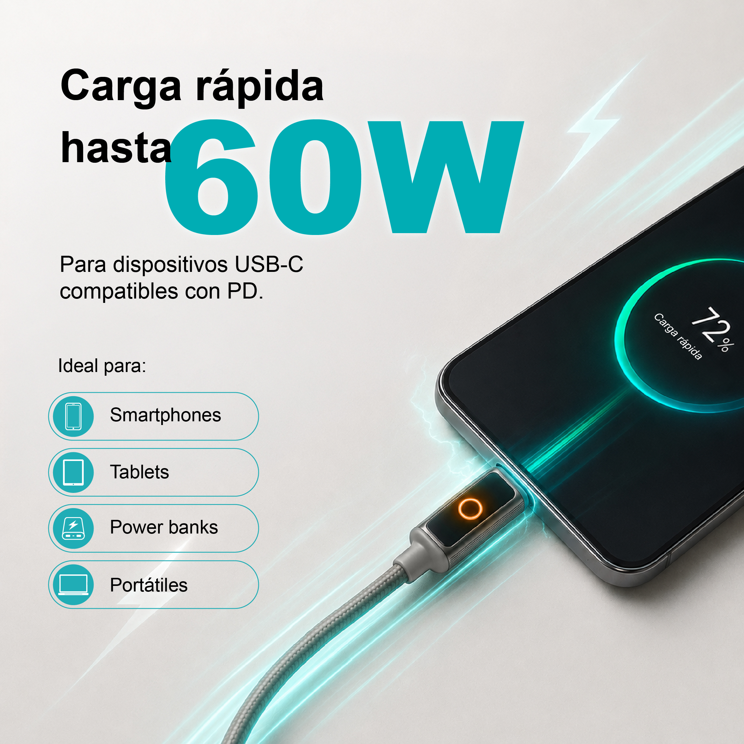 Smartphone carga hasta 60W, compatible con USB-C PD para móviles, tablets, power banks y portátiles.