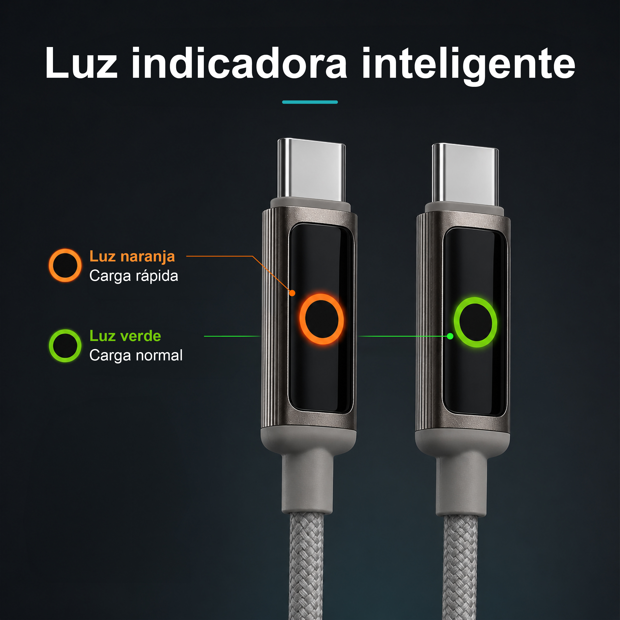 Dos cables USB-C con luces indicadoras inteligentes para carga rápida y normal sobre fondo oscuro.